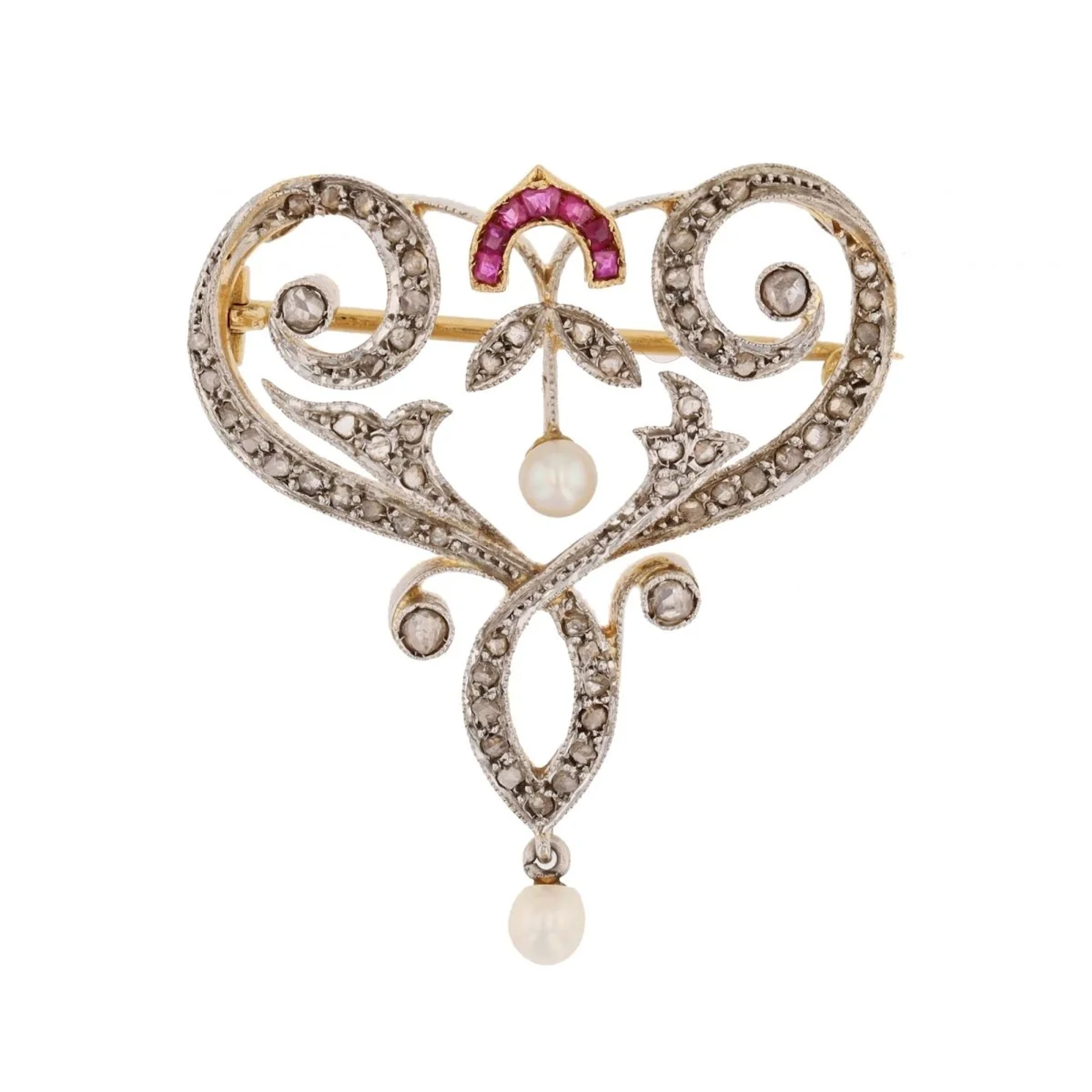 Brooch Art Nouveau pendant in yellow gold and paltinium with diamonds
