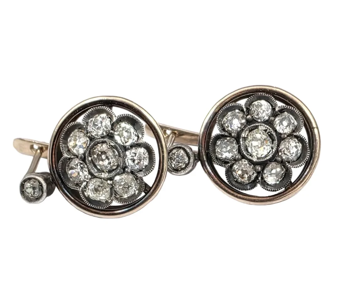 Yellow Gold, Silver, and Diamond Lever-back Earrings