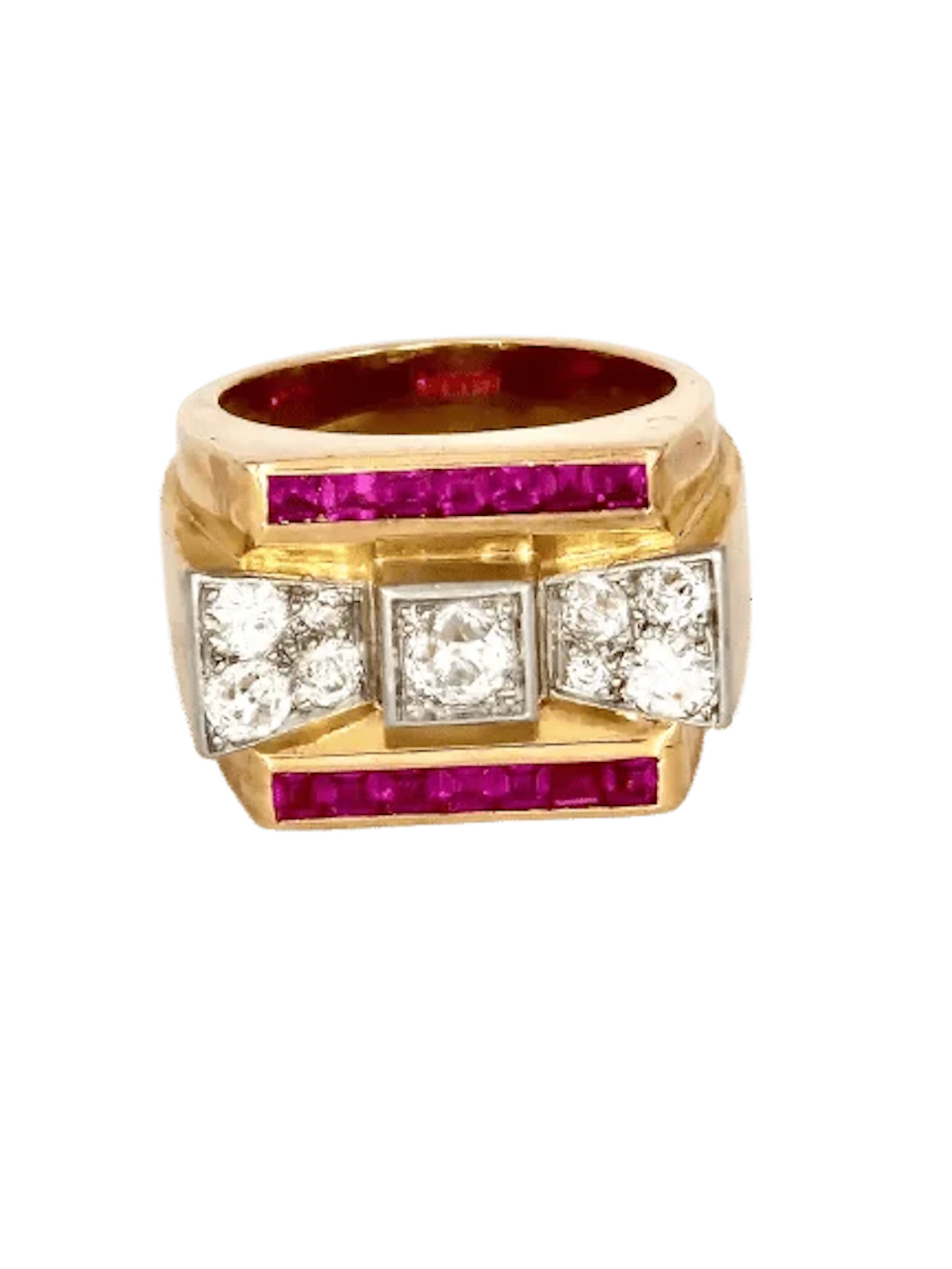 Tank Ring in yellow gold, rubies, and diamonds