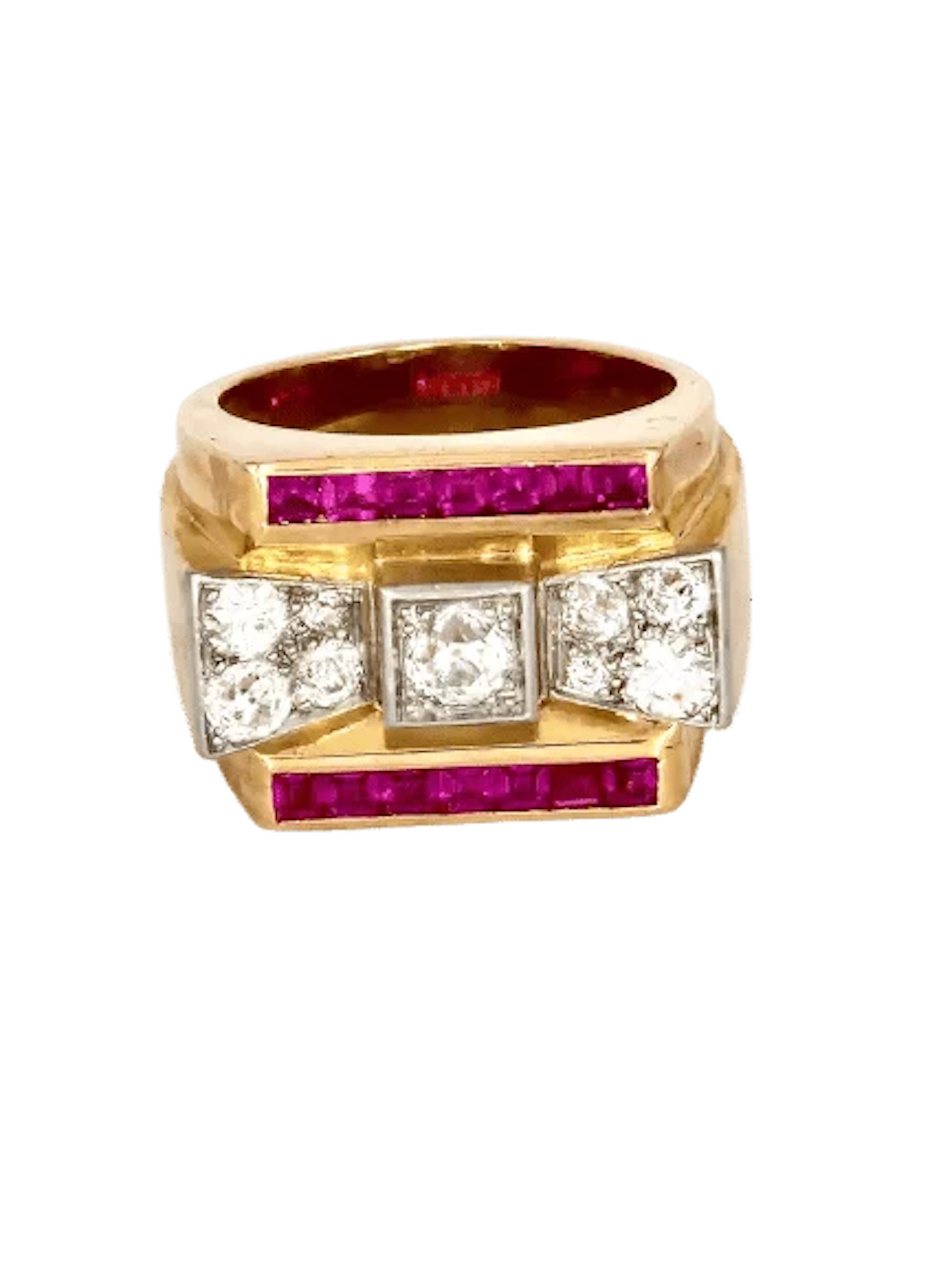 Tank Ring in yellow gold, rubies, and diamonds