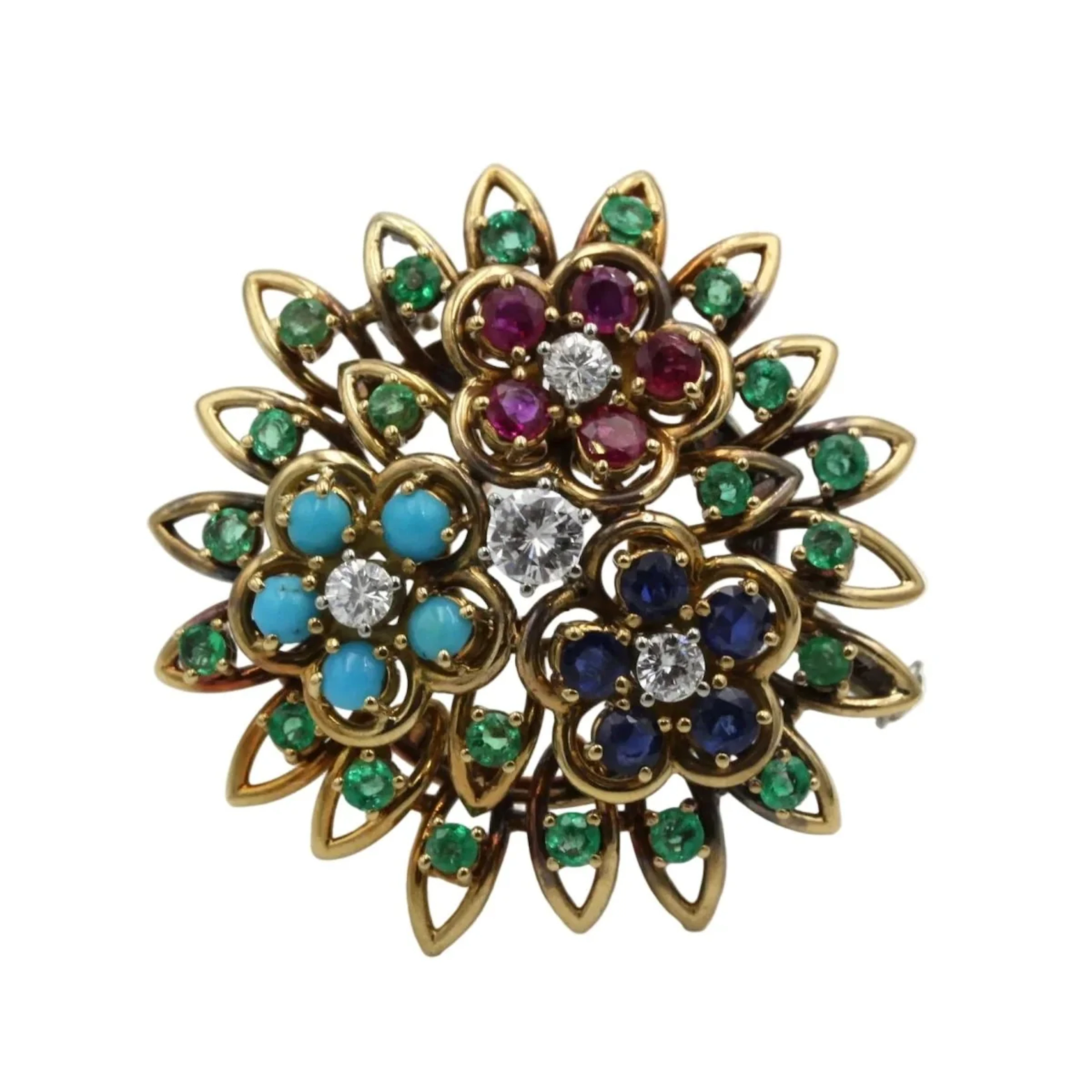 Brooch Pin in yellow gold, rubies, emeralds, sapphires and turquoises