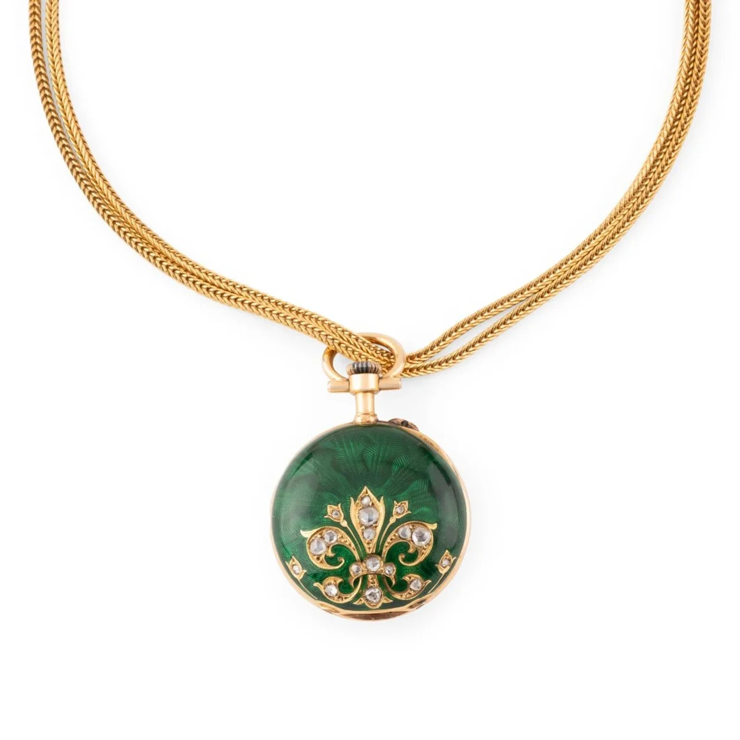 Gusset watch necklace in yellow gold, enamel and diamonds