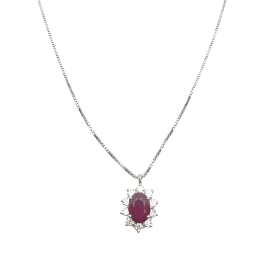 White Gold Necklace with Ruby and Diamond Pendant