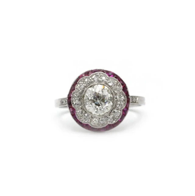Bague art-deco or 750 et platine, diamants tailles ancienne et rubis