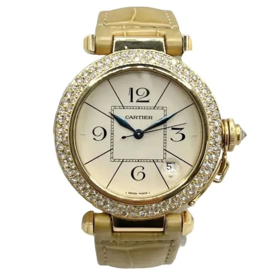 Montre CARTIER "Pasha" en or jaune, or rose, cuir et diamants