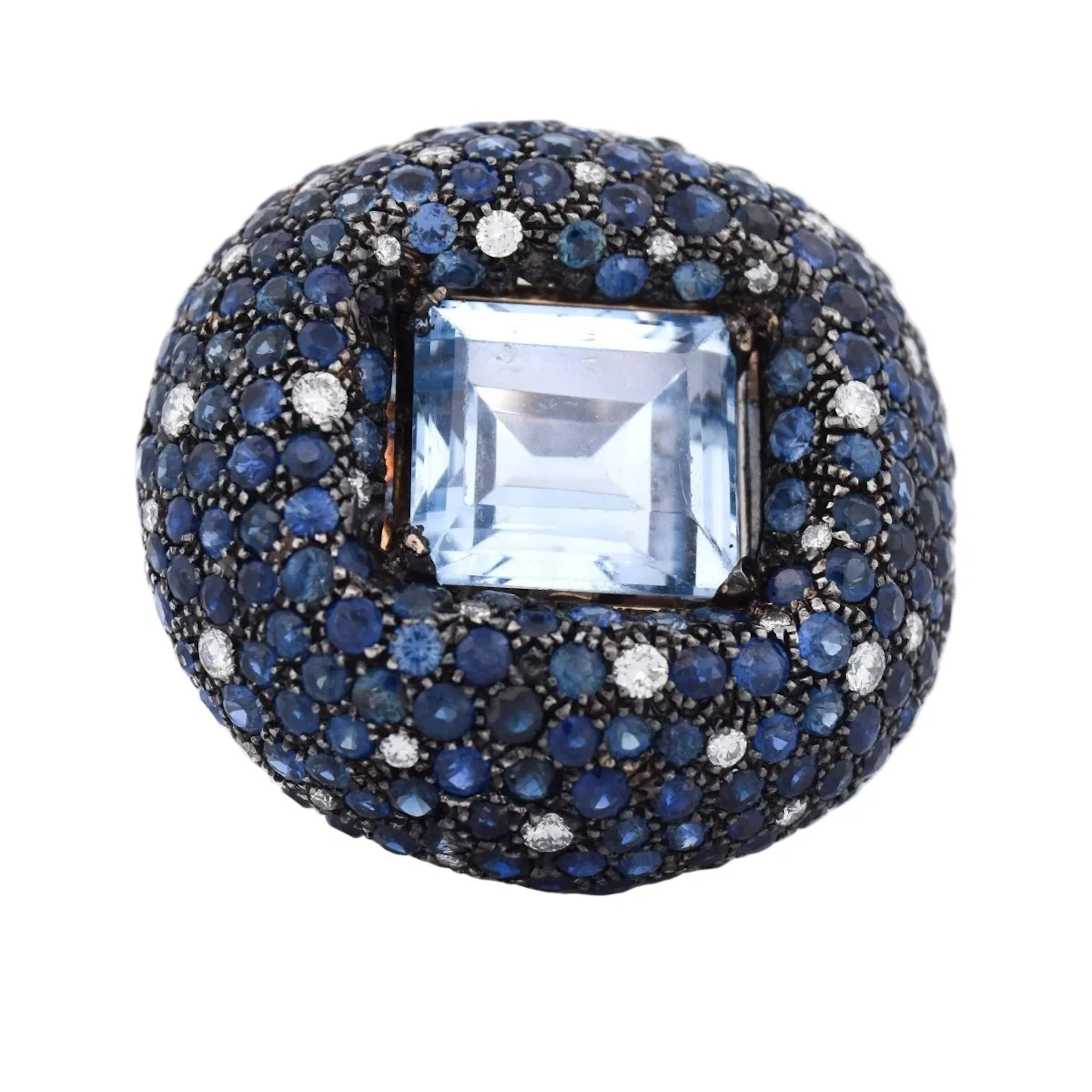 White gold Cocktail Ring, aquamarine, sapphires and diamonds