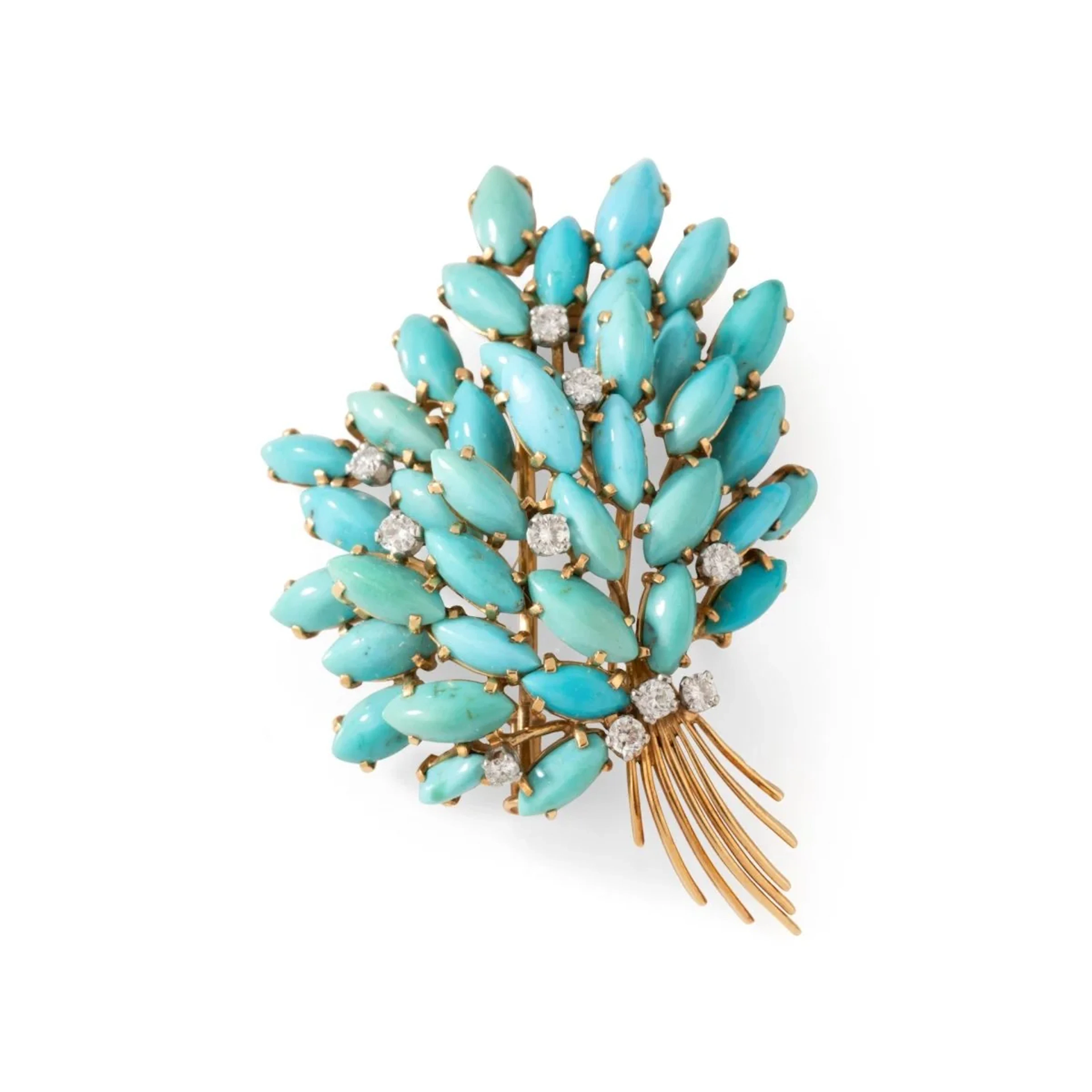 Foliage clip brooch in yellow gold, turquoise and diamonds