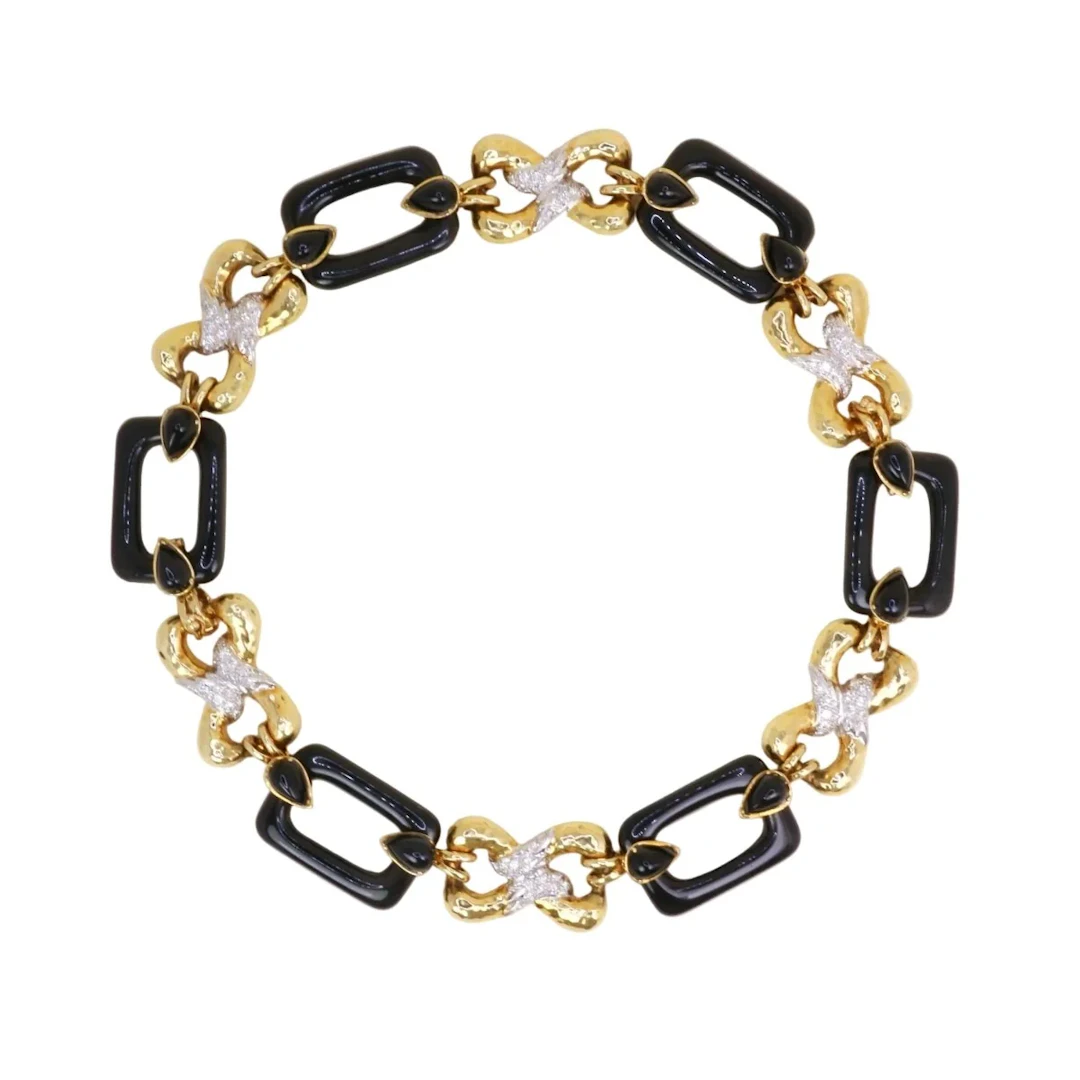 Convertible Yellow Gold Link Necklace with Onyx and Diamonds