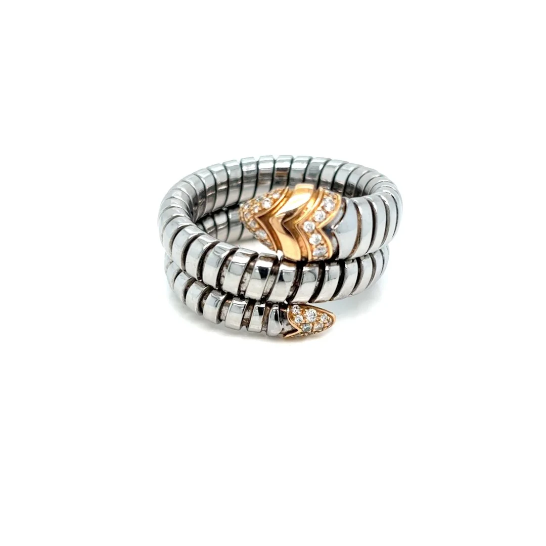 Ring BULGARI "Serpenti Tubogas" headband in rose gold, steel and diamonds