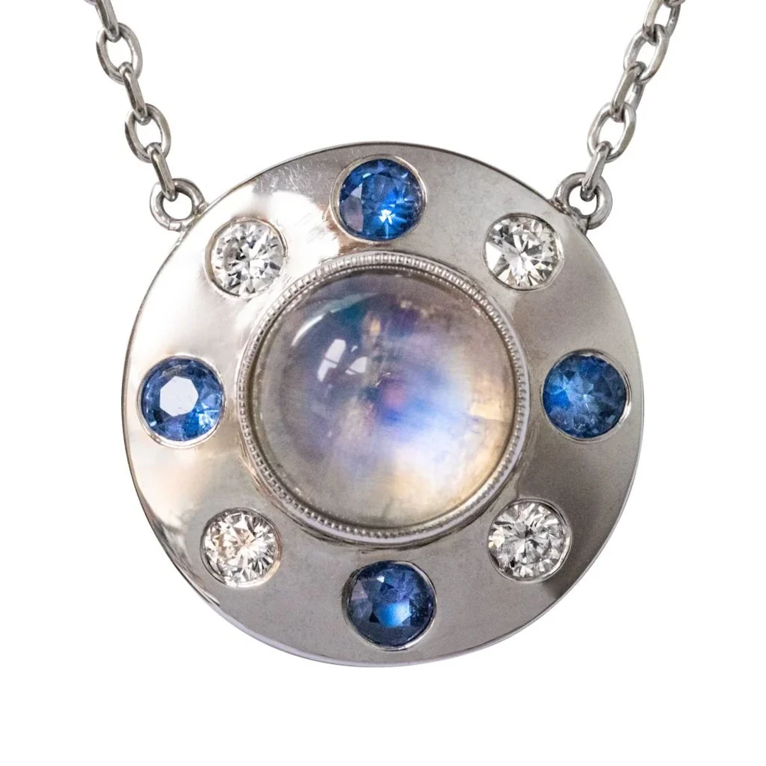 Necklace Pendant in white gold, moonstone, sapphires and diamonds