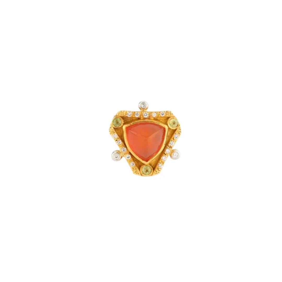 Etruscan Entourage Ring in yellow gold, fire opal, Peridots and diamonds