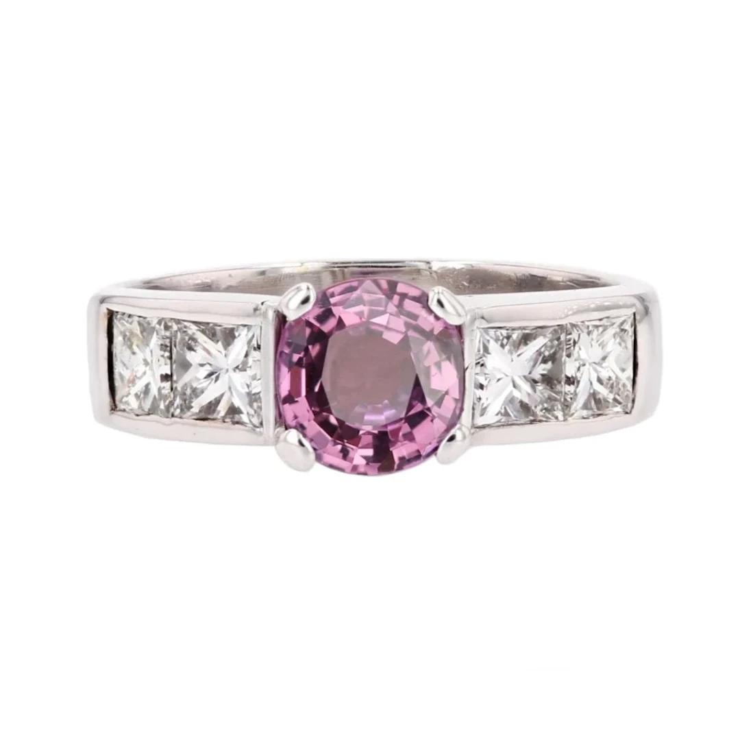 Trilogy ring in white gold, pink sapphire, and diamonds