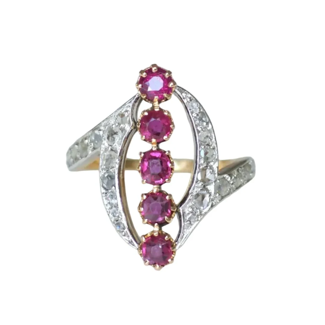 Marquise Ring in Yellow gold, Platinum, Ruby and Diamonds