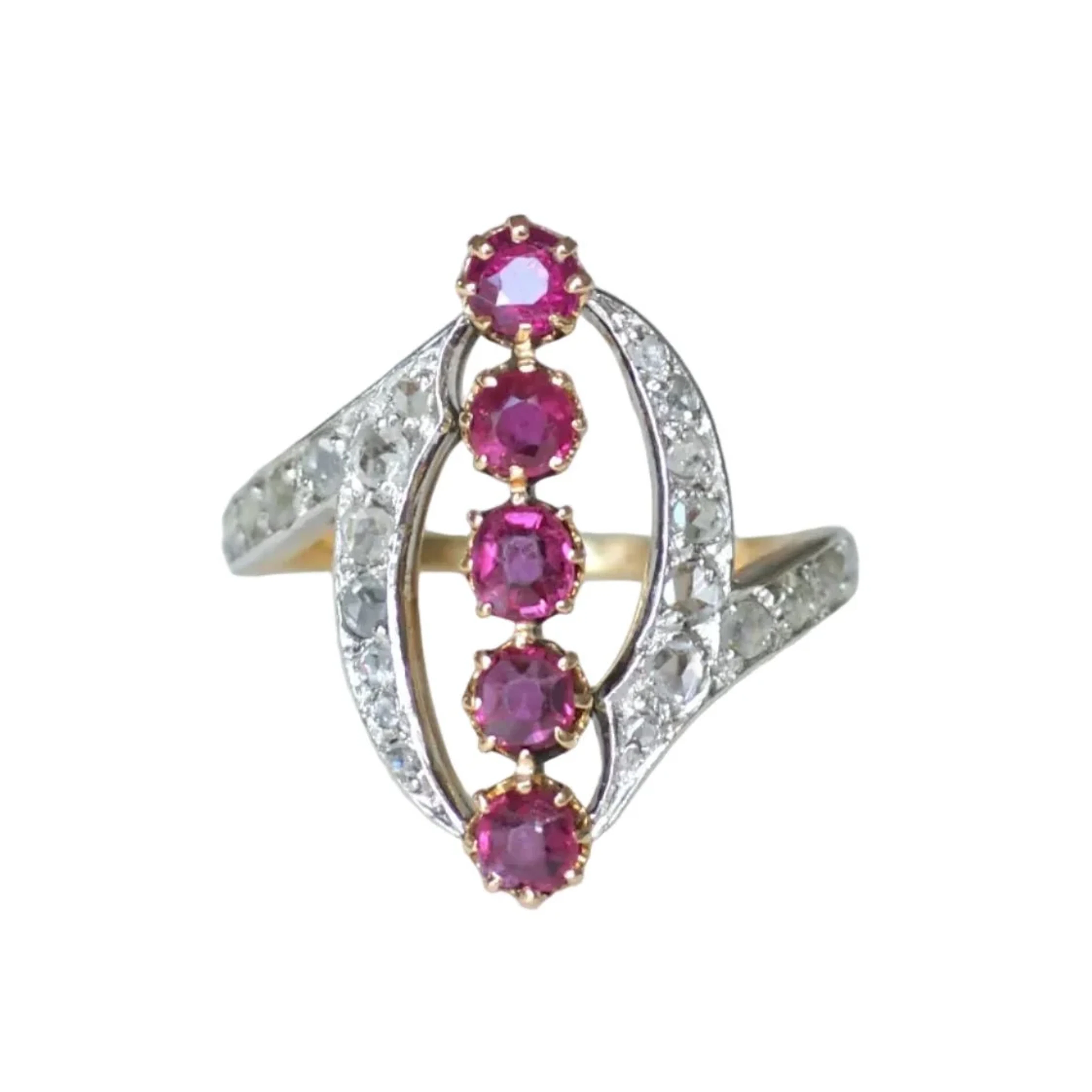 Marquise Ring in Yellow gold, Platinum, Ruby and Diamonds