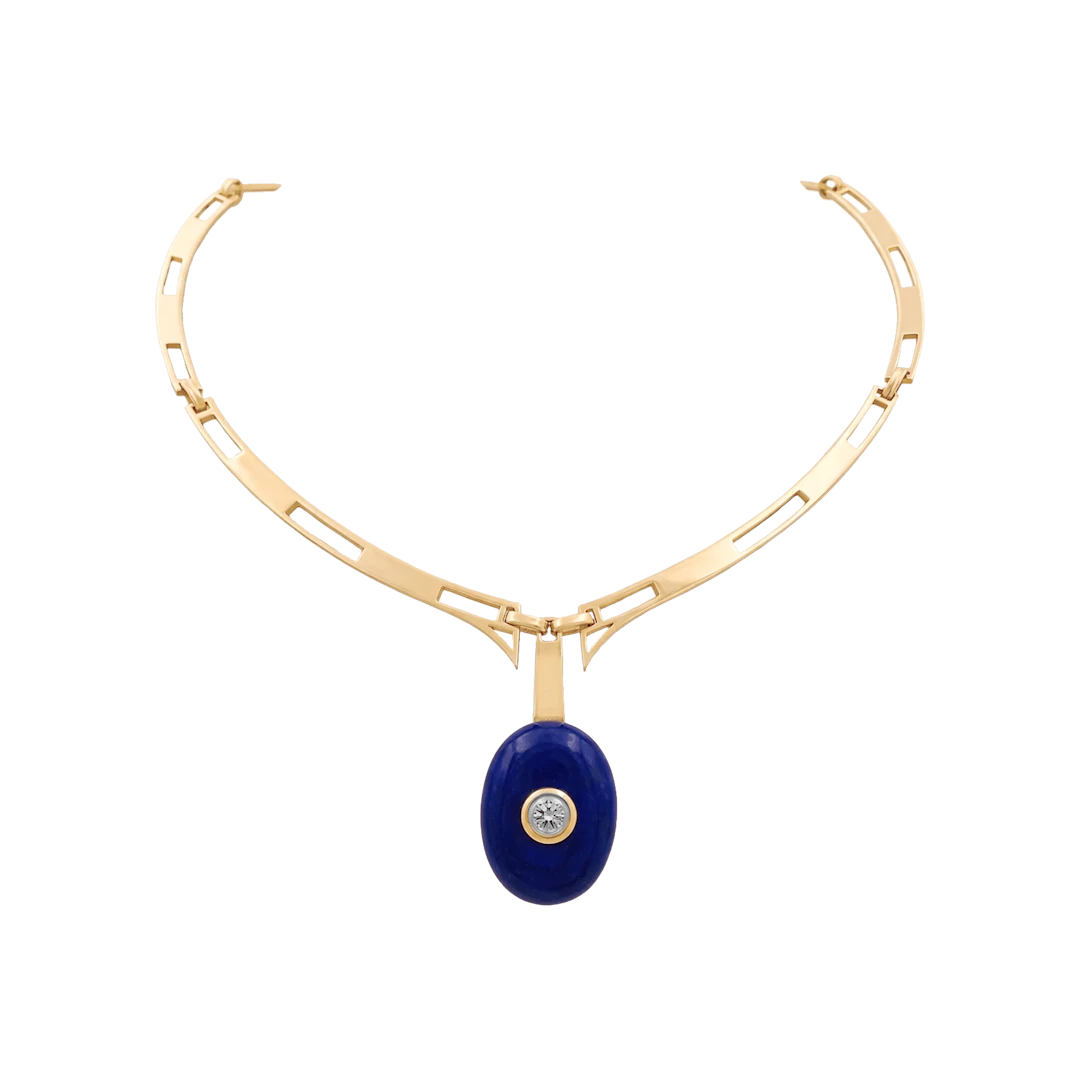 Yellow Gold Necklace with Lapis lazuli and Diamond Pendant
