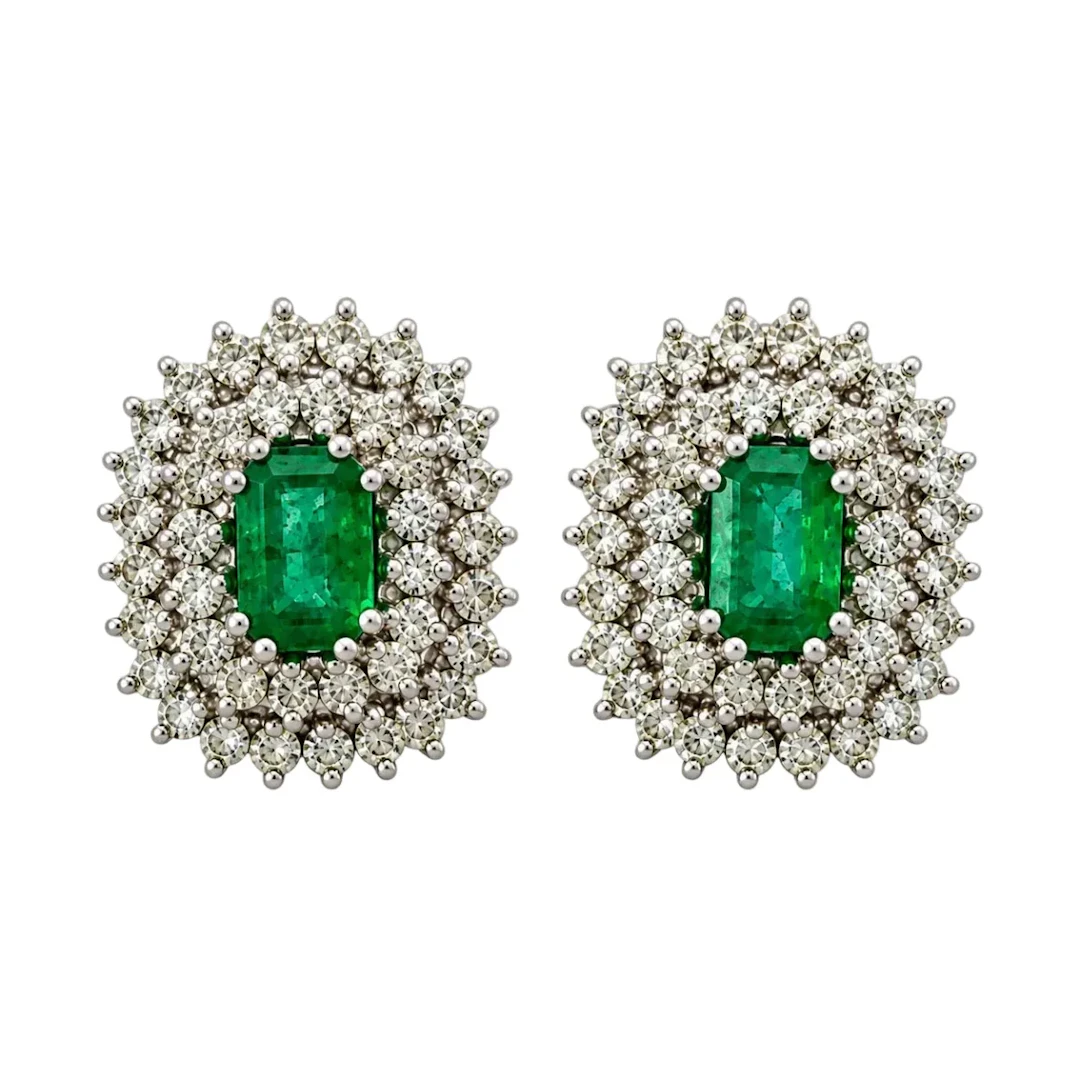 White Gold Clip-On Earrings with Emeralds and Diamonds