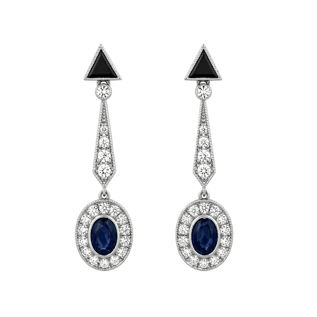 Drop Earrings in Platinum, Onyx, Sapphires, and Diamonds