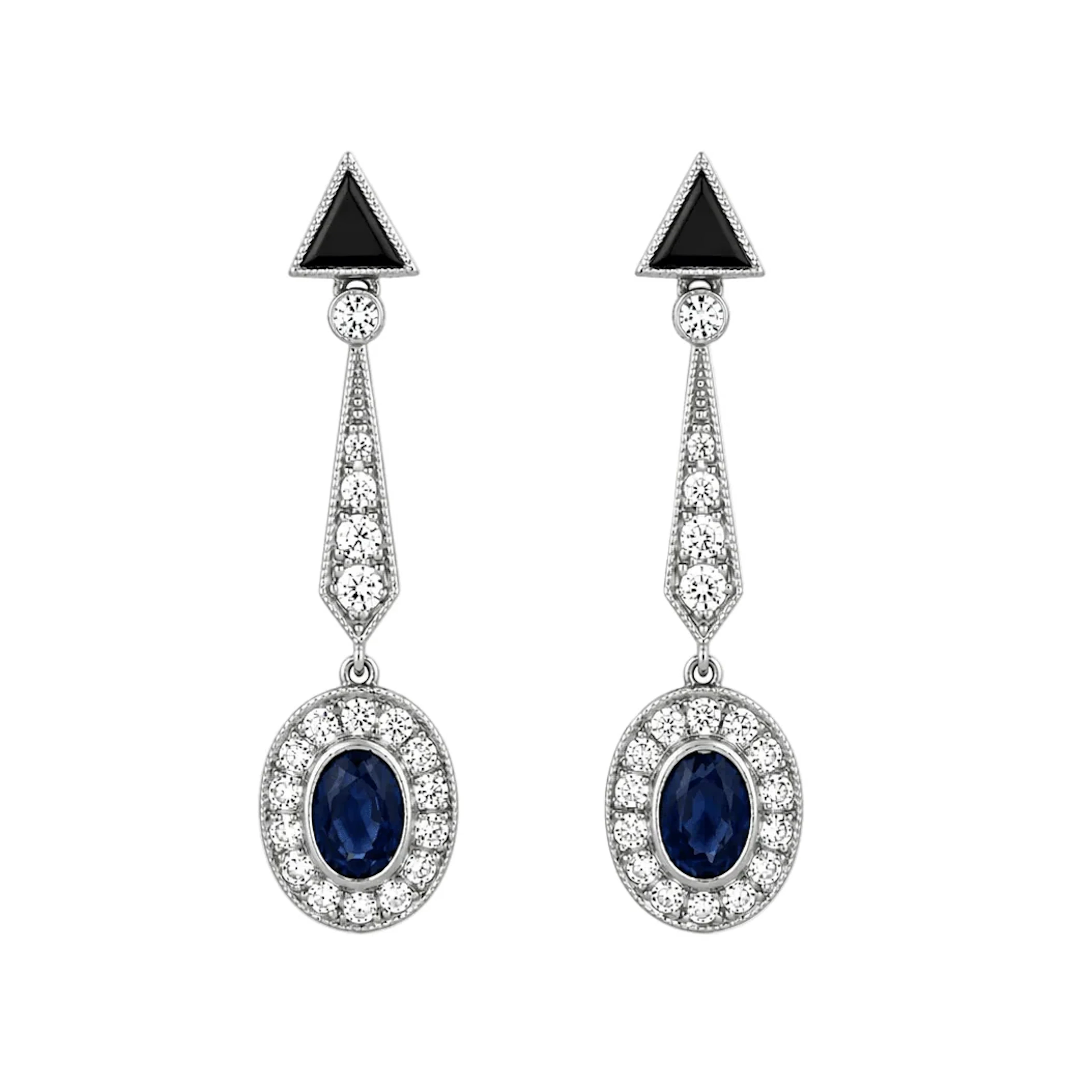 Drop Earrings in Platinum, Onyx, Sapphires, and Diamonds