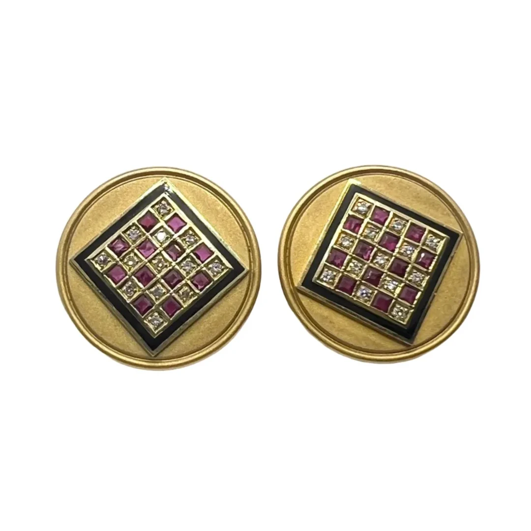 Yellow Gold Clip-On Earrings with Rubies and Diamonds