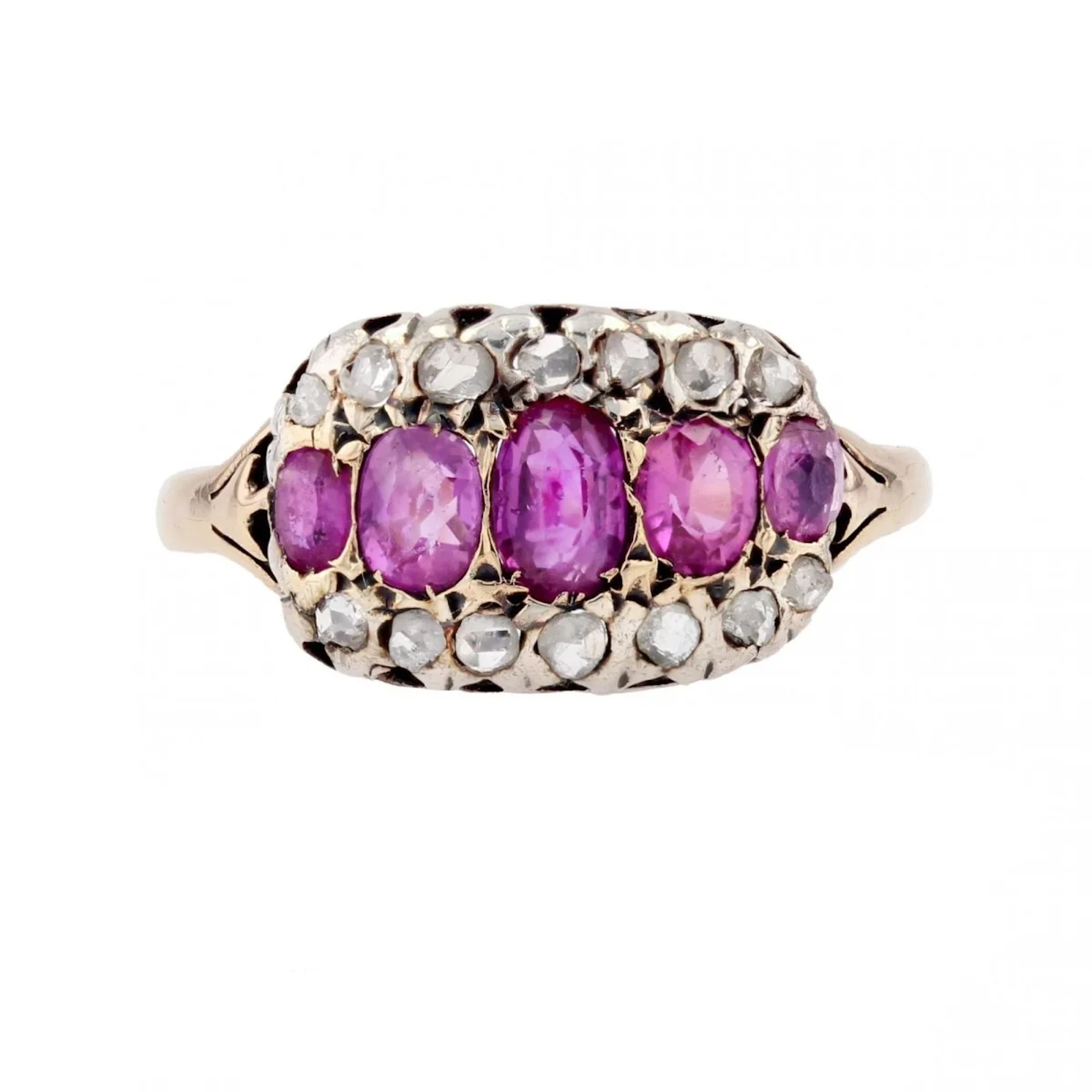Garter ring in yellow gold, silver, rubies and diamonds