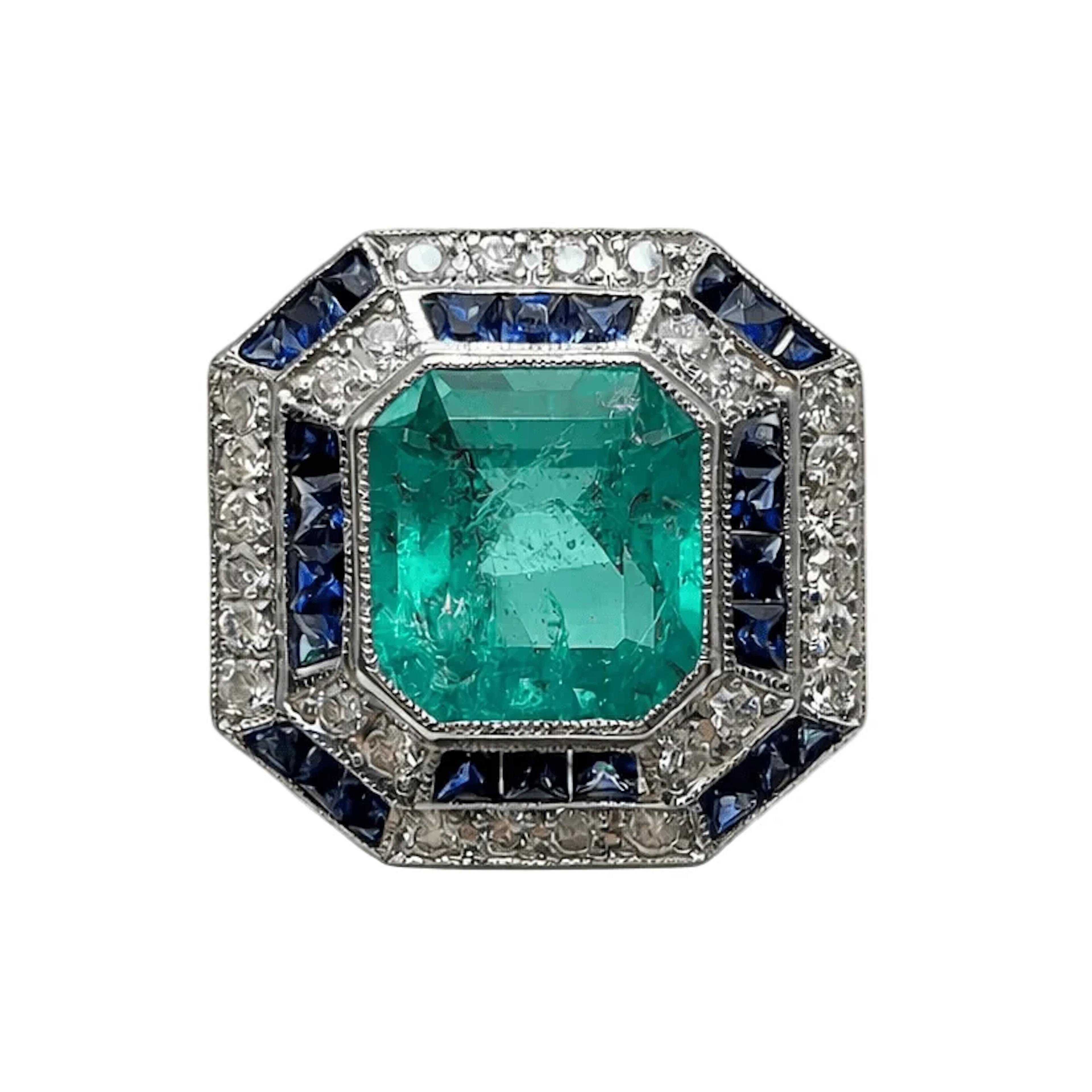 Entourage Ring in white gold, emerald, sapphire, and diamonds