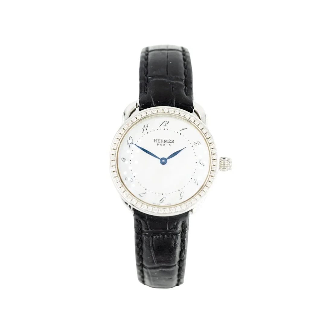 HERMÈS "Arceau" Watch in Steel, Mother-of-Pearl, Leather, and Diamonds