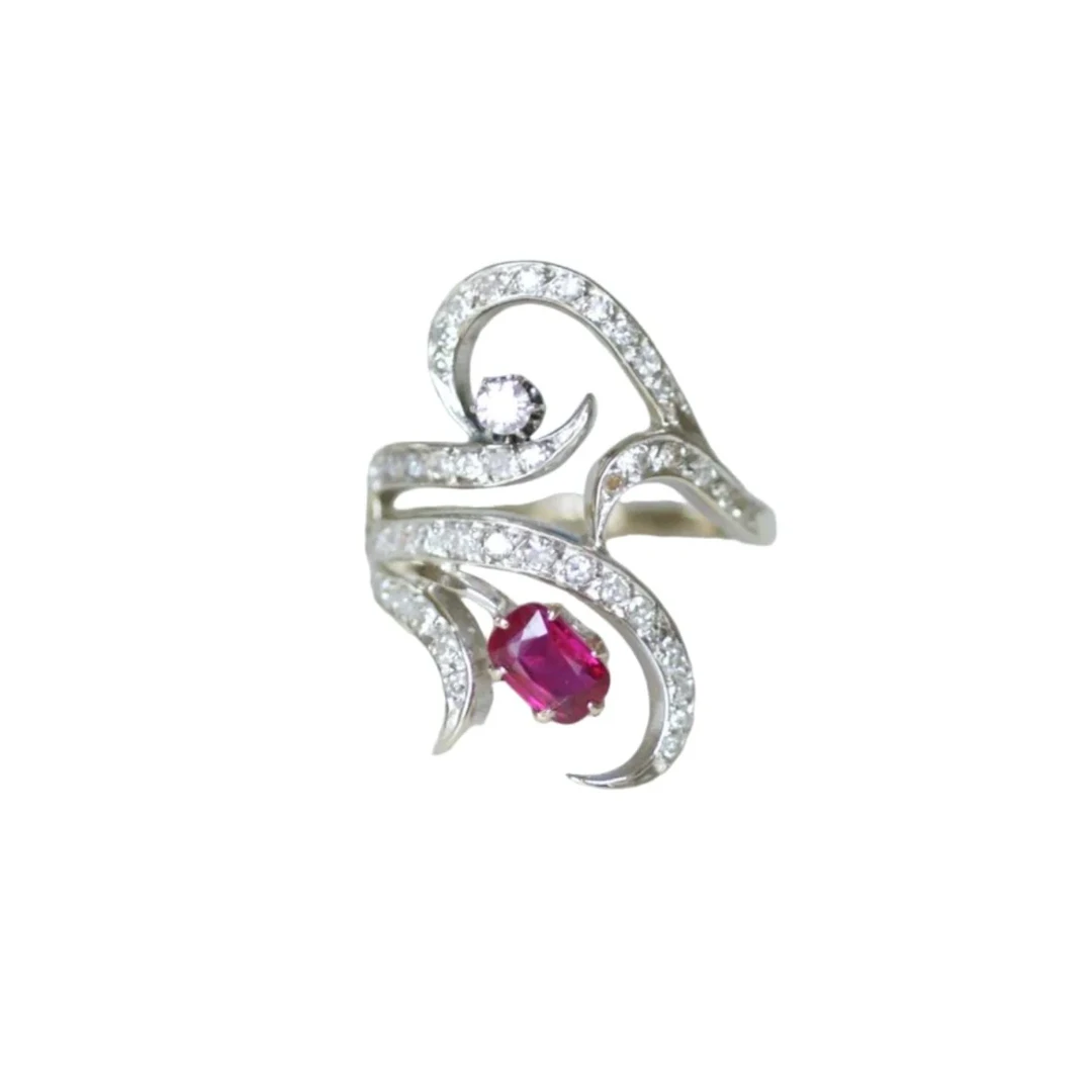 Ring Arabesque Burmese Ruby and diamonds on White Gold