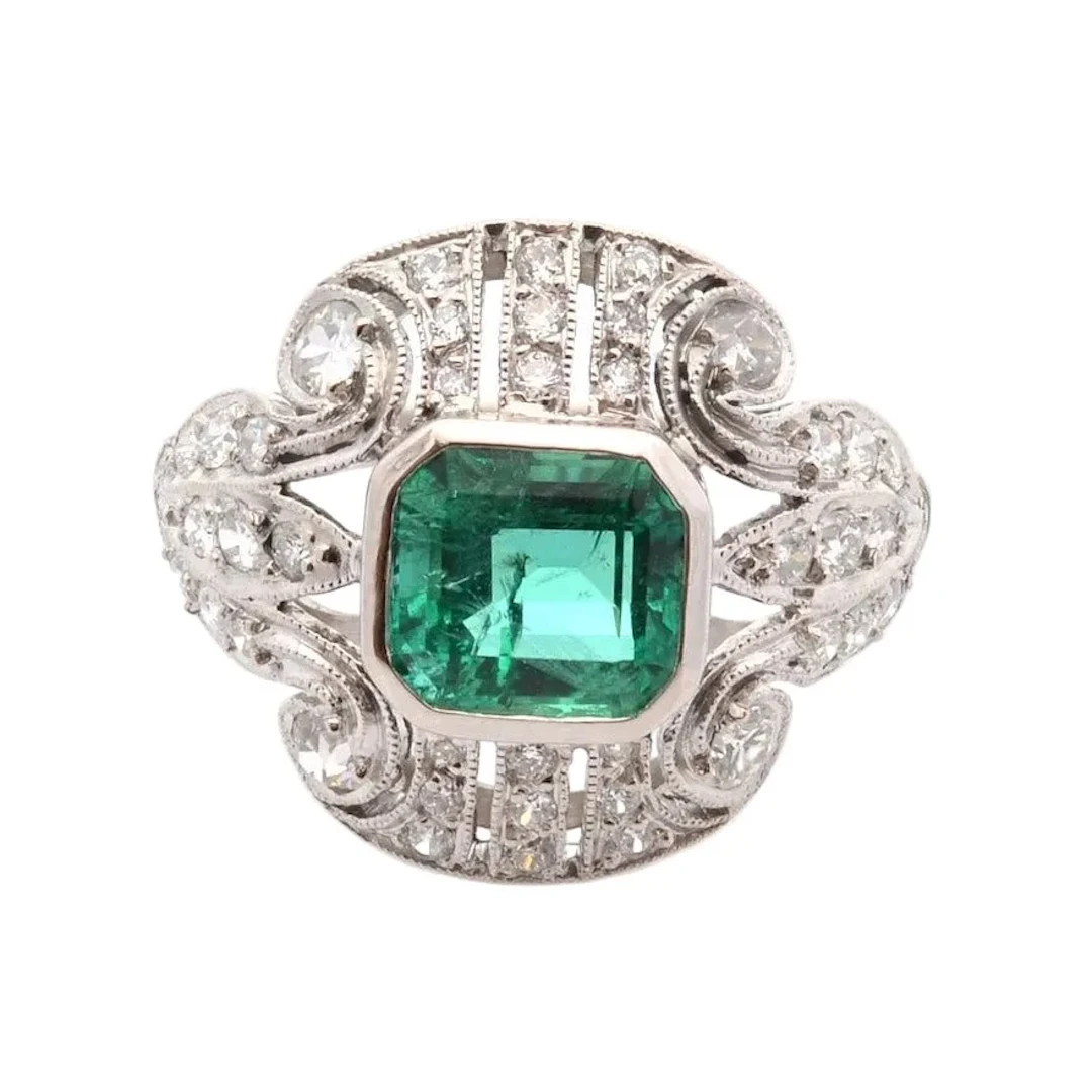 Platinum, Emerald, and Diamond Ring