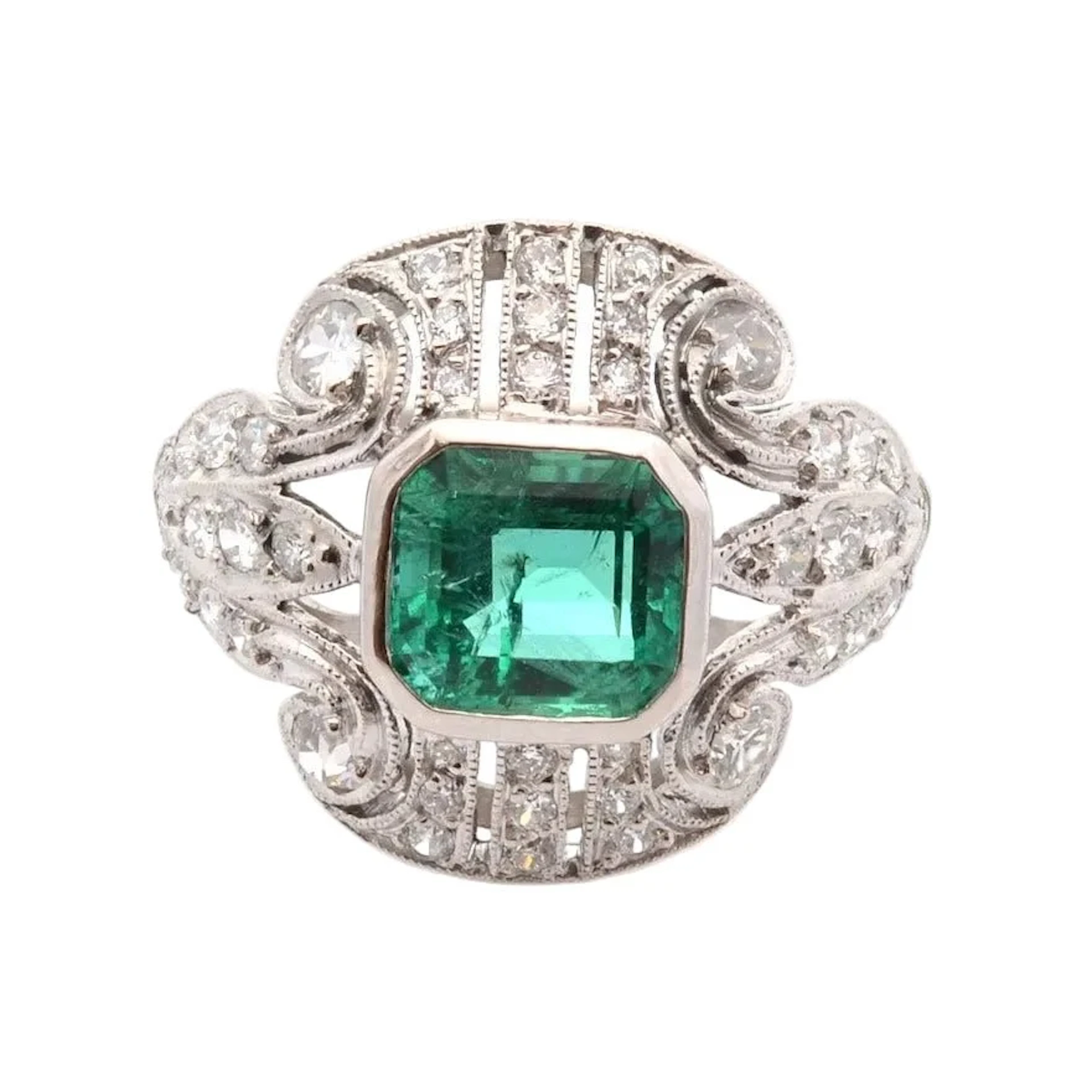 Platinum, Emerald, and Diamond Ring