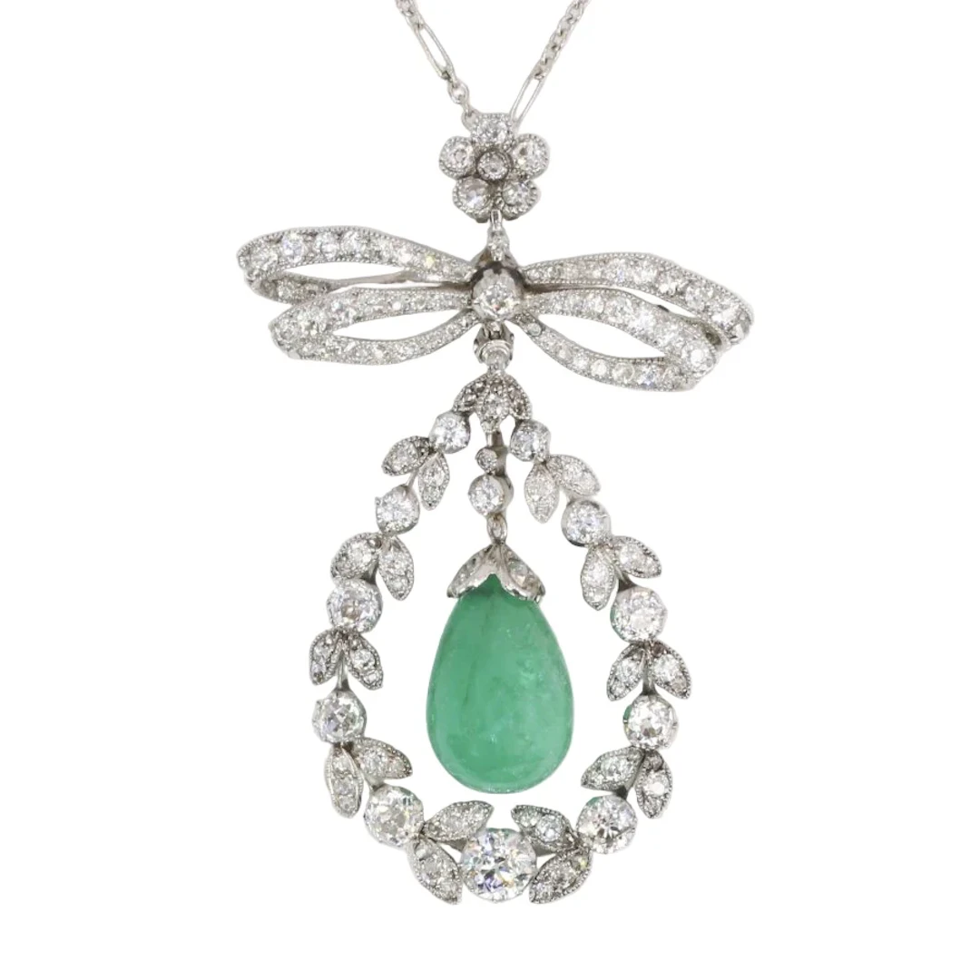 Platinum Necklace with Emerald and Diamond Pendant