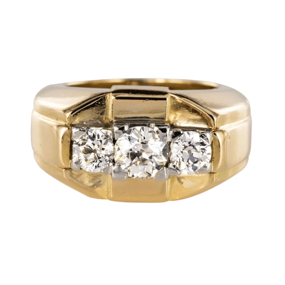 Tank ring in yellow gold, platinum and diamonds