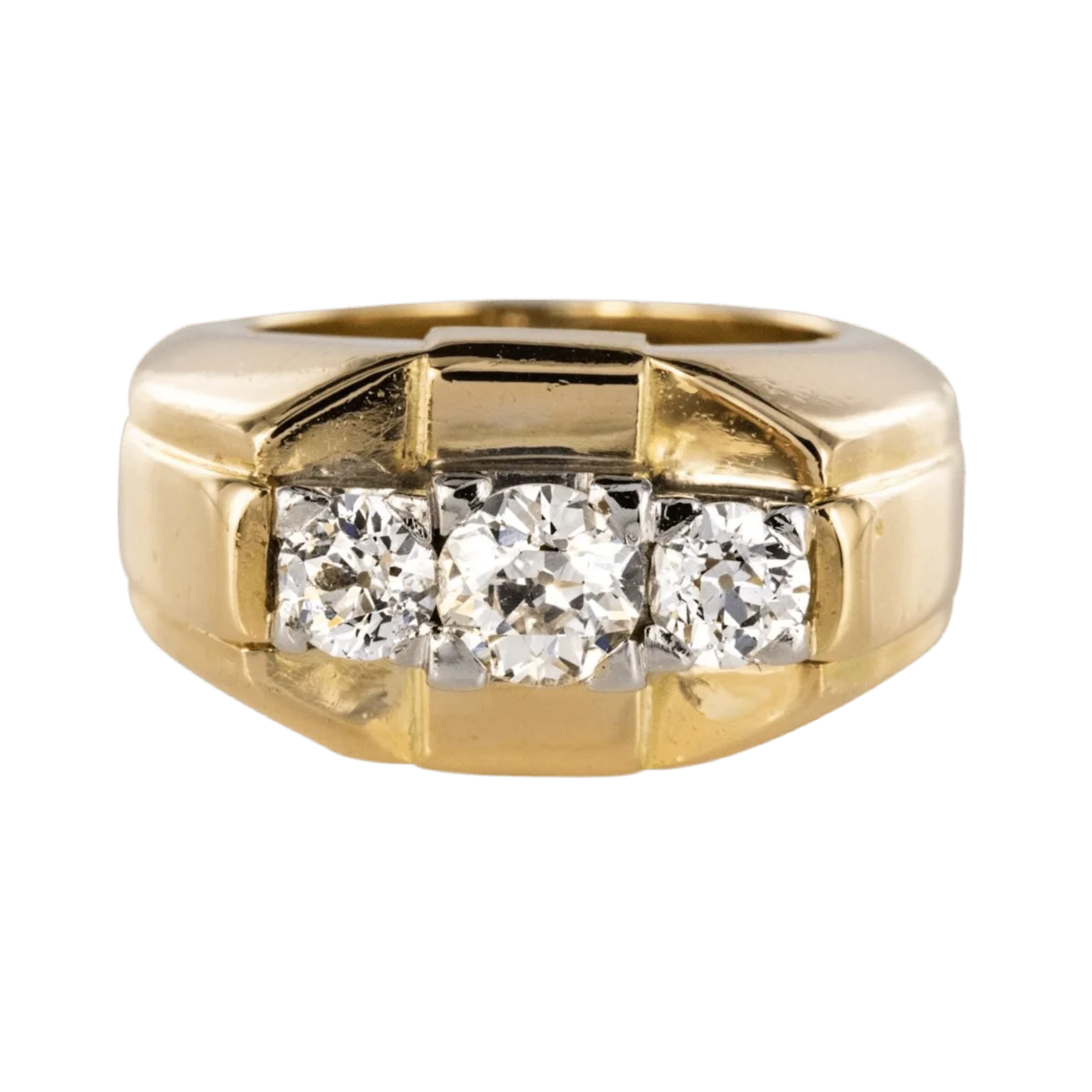 Tank ring in yellow gold, platinum and diamonds