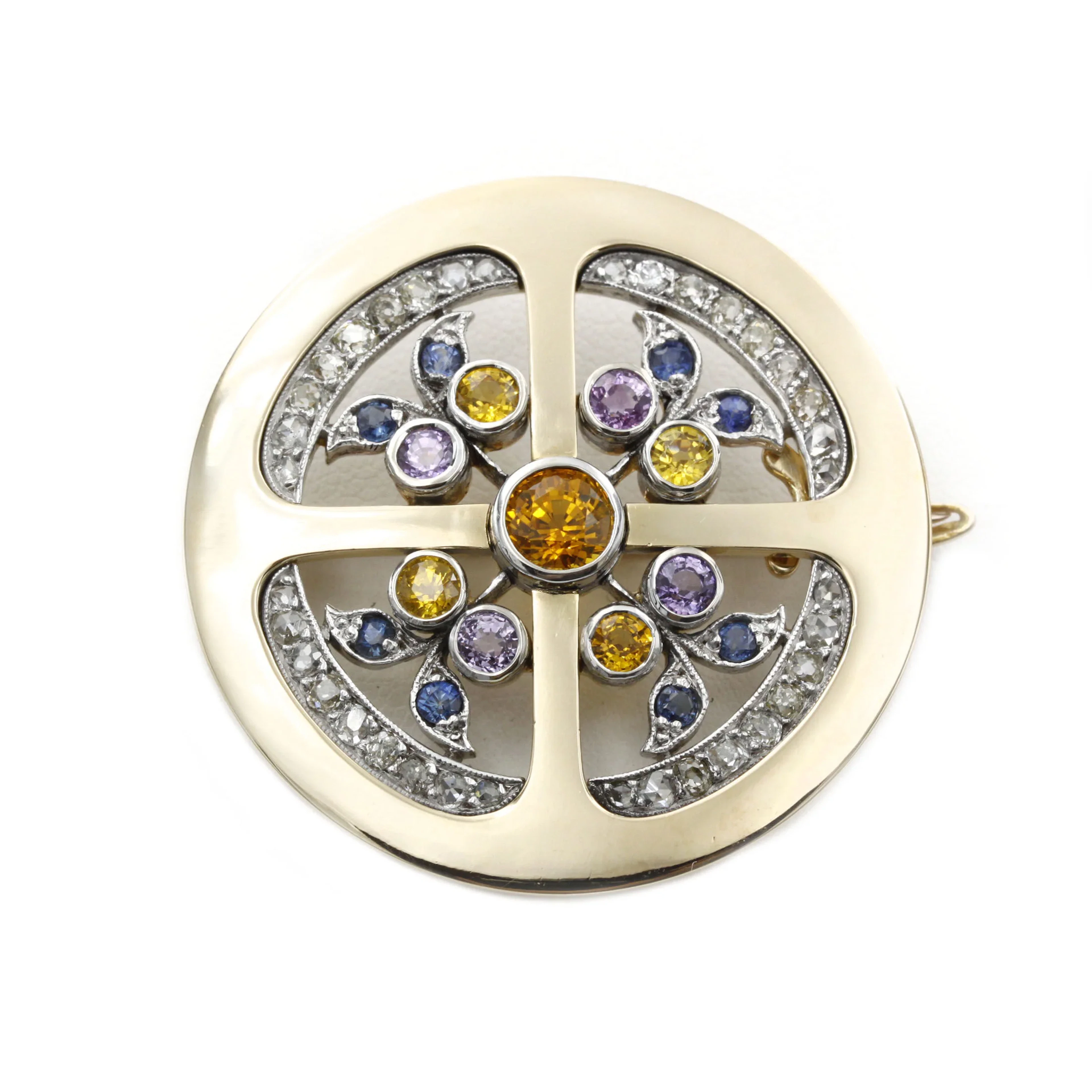 Brooch Clip yellow gold, sapphires diamonds
