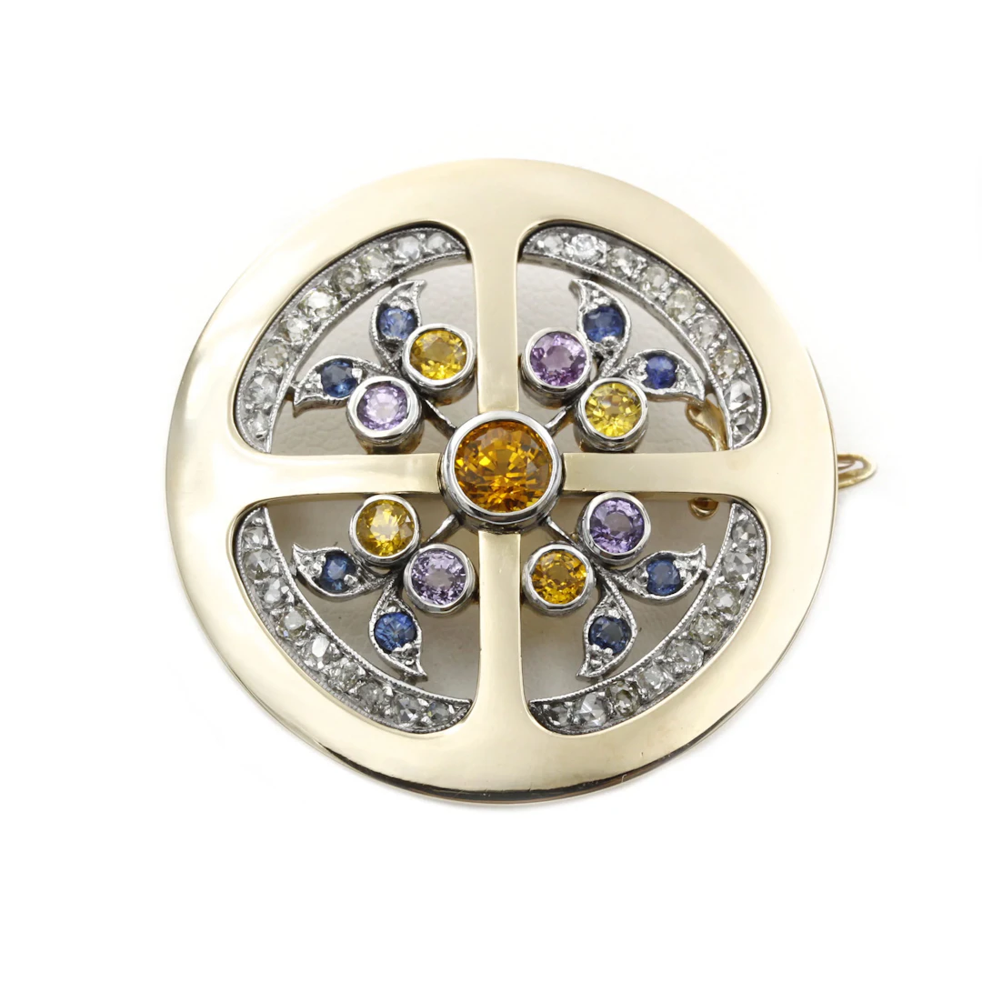 Brooch Clip yellow gold, sapphires diamonds