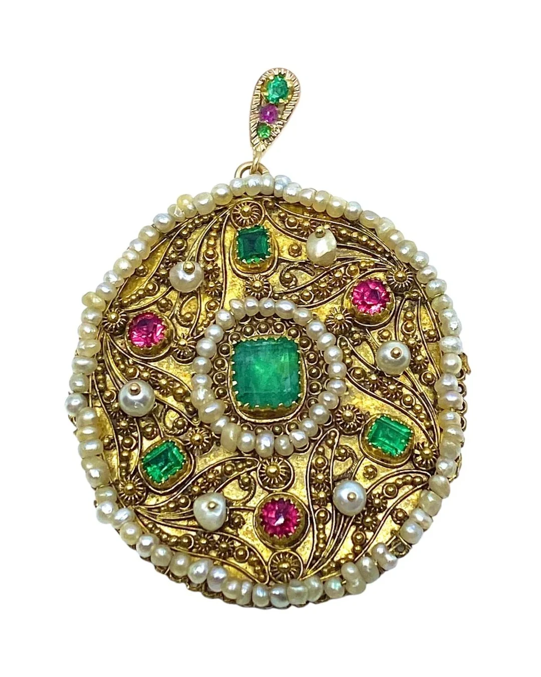 Yellow gold, emerald, and pearl pendant