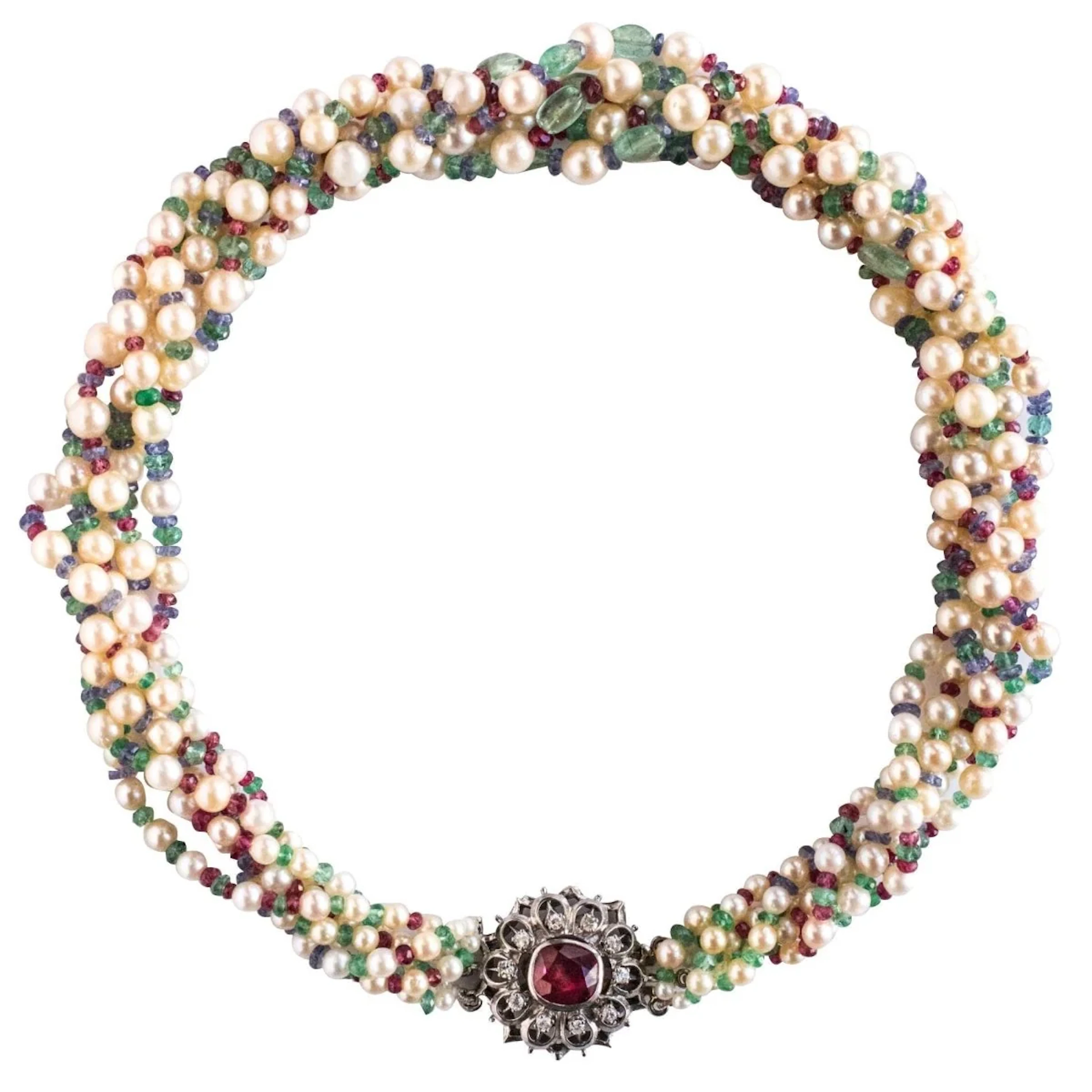 Necklace Ras de Cou in white gold, pearls, rubies, sapphires, spinels