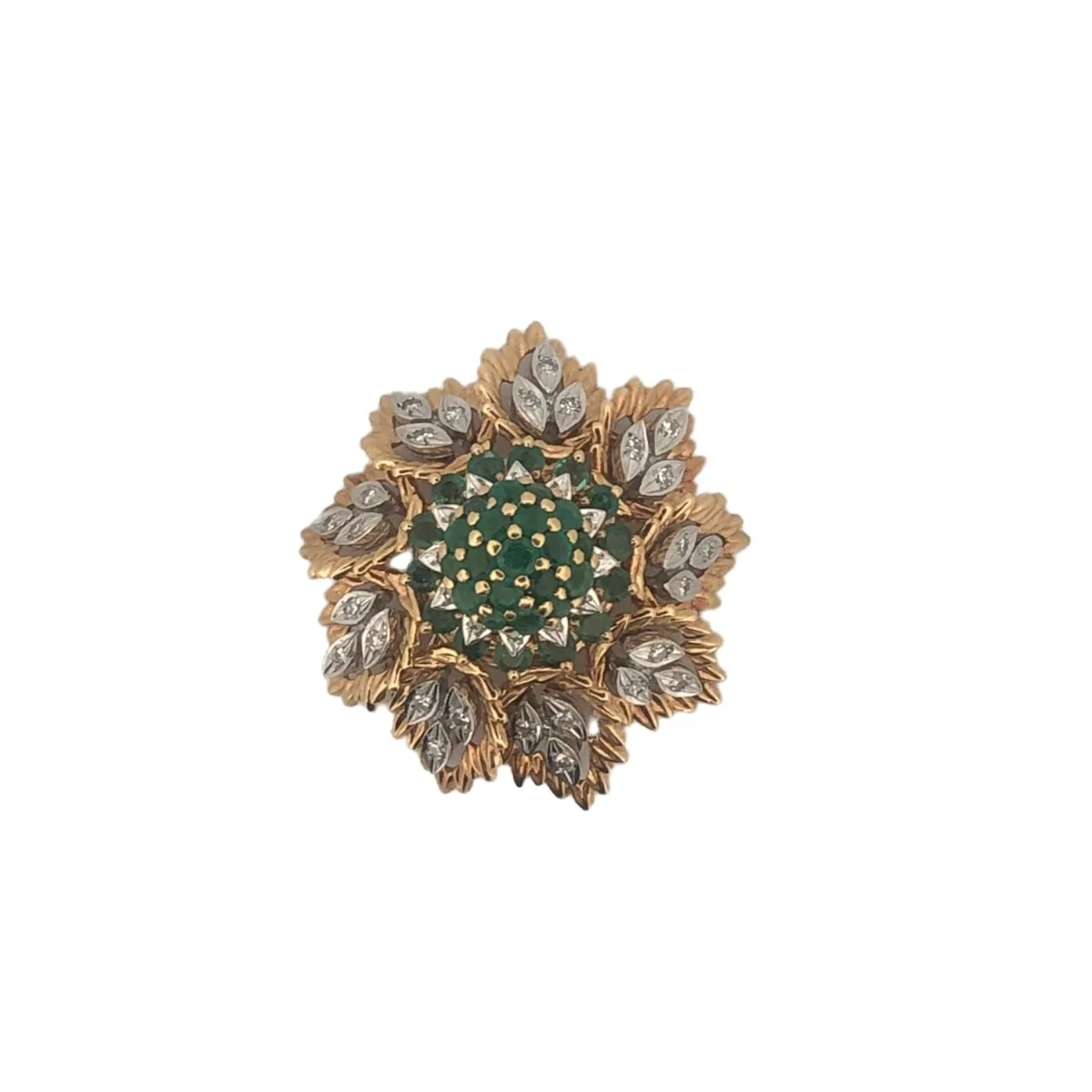 Brooch in yellow gold, diamonds and emeralds