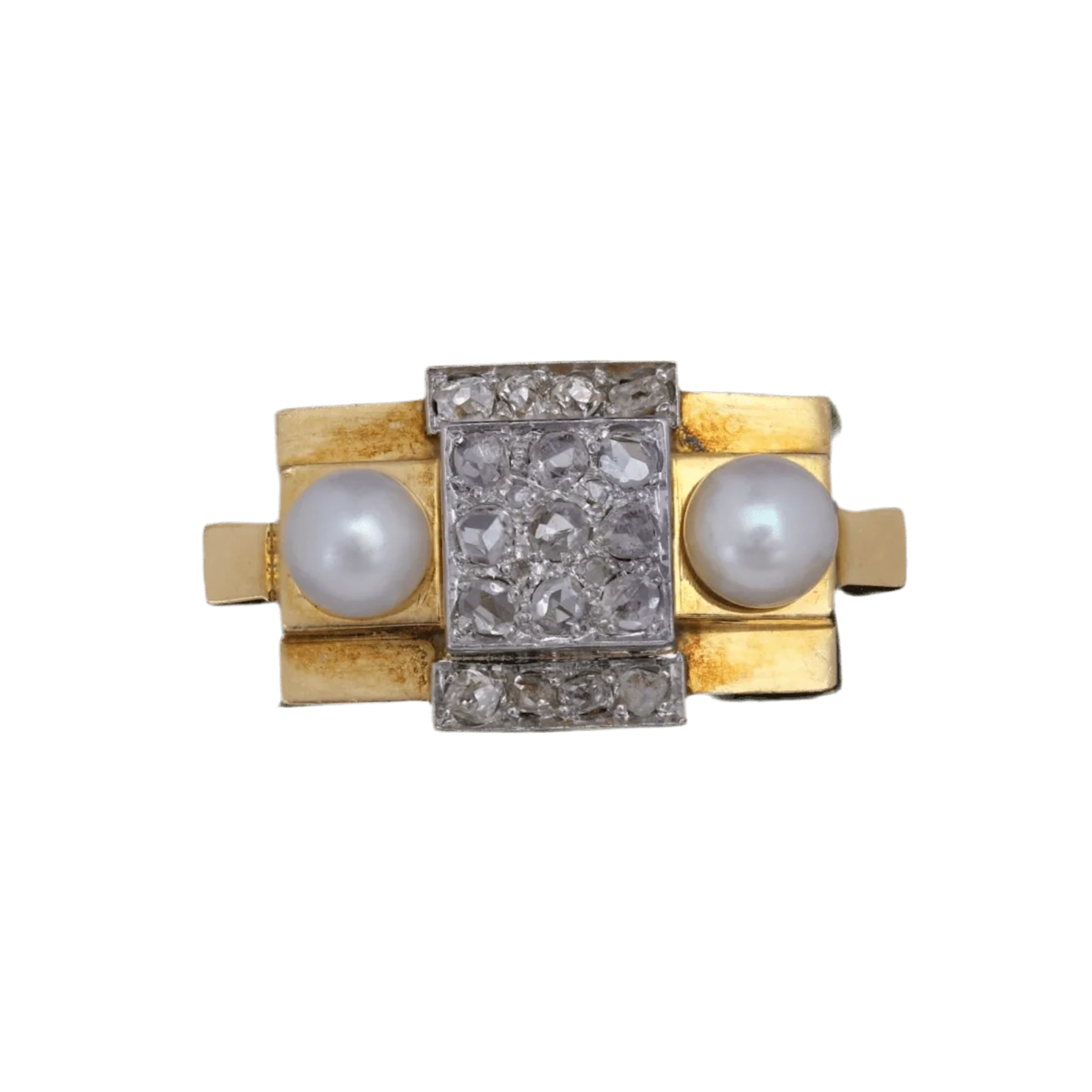 Tank ring in yellow gold, platinum, pearls and diamonds