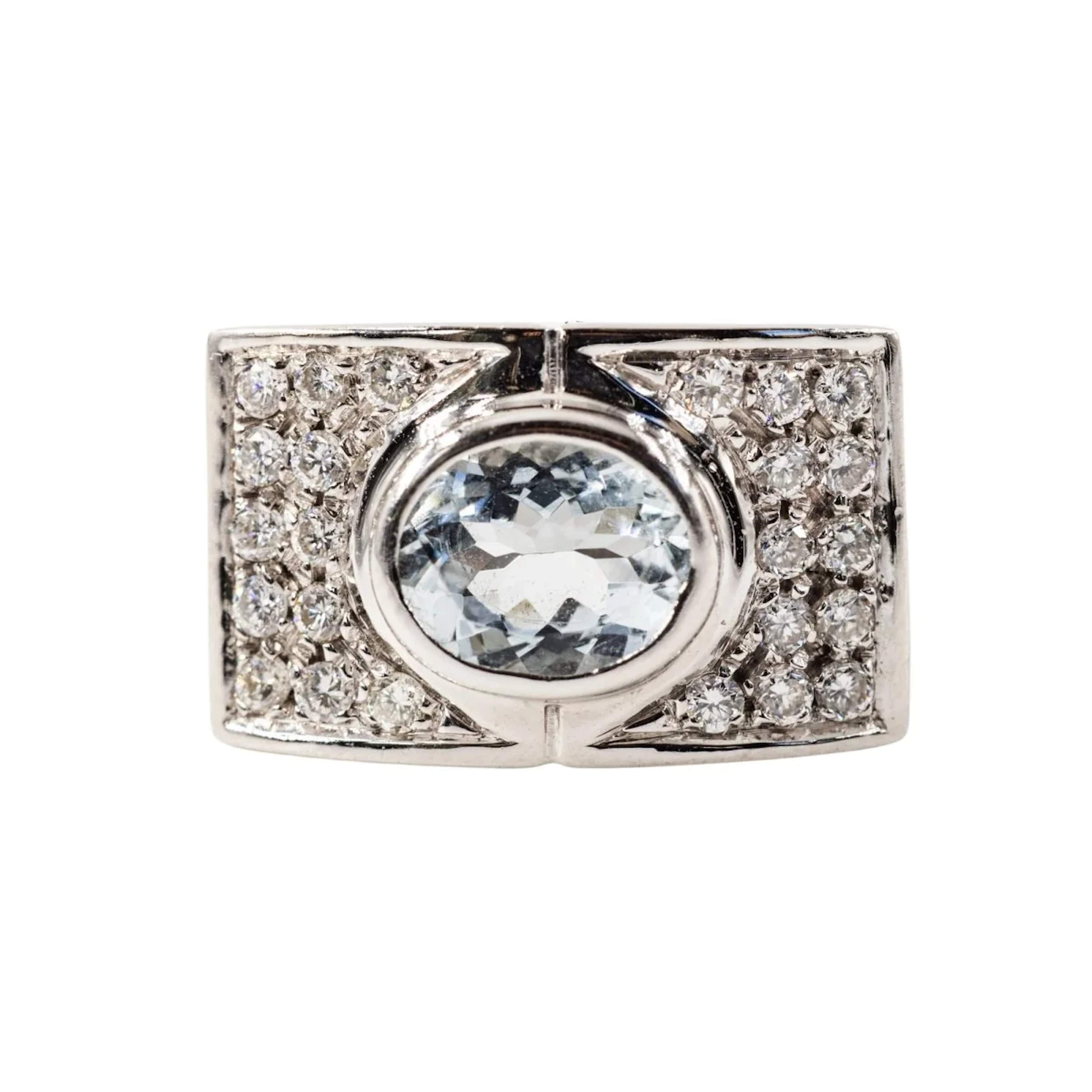 Tank Ring in white gold, Aquamarine and Diamonds