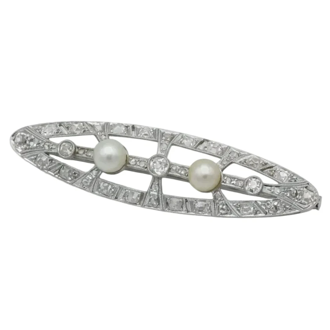 Art Deco - Brooch White gold - diamonds and cultured pearls