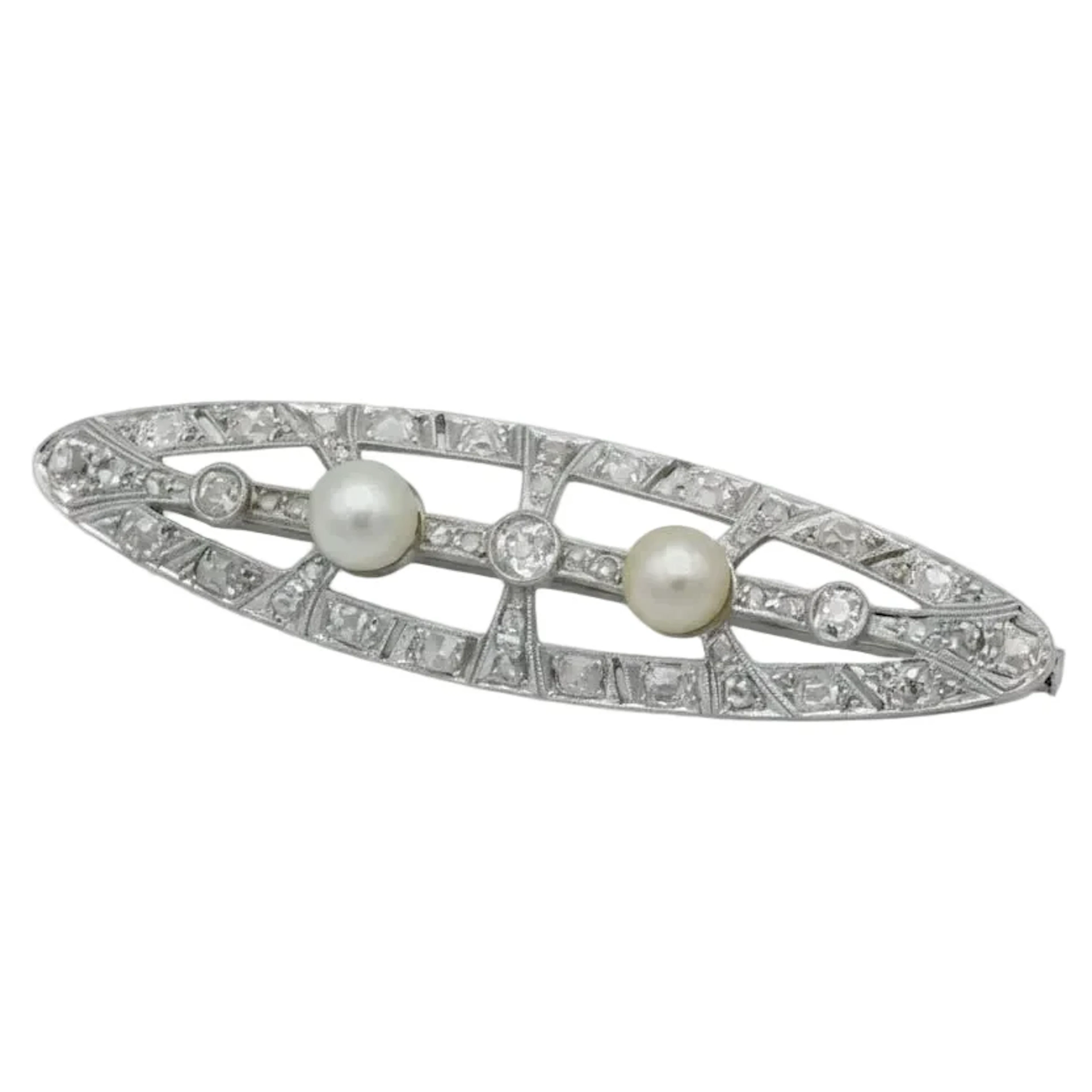 Art Deco - Brooch White gold - diamonds and cultured pearls