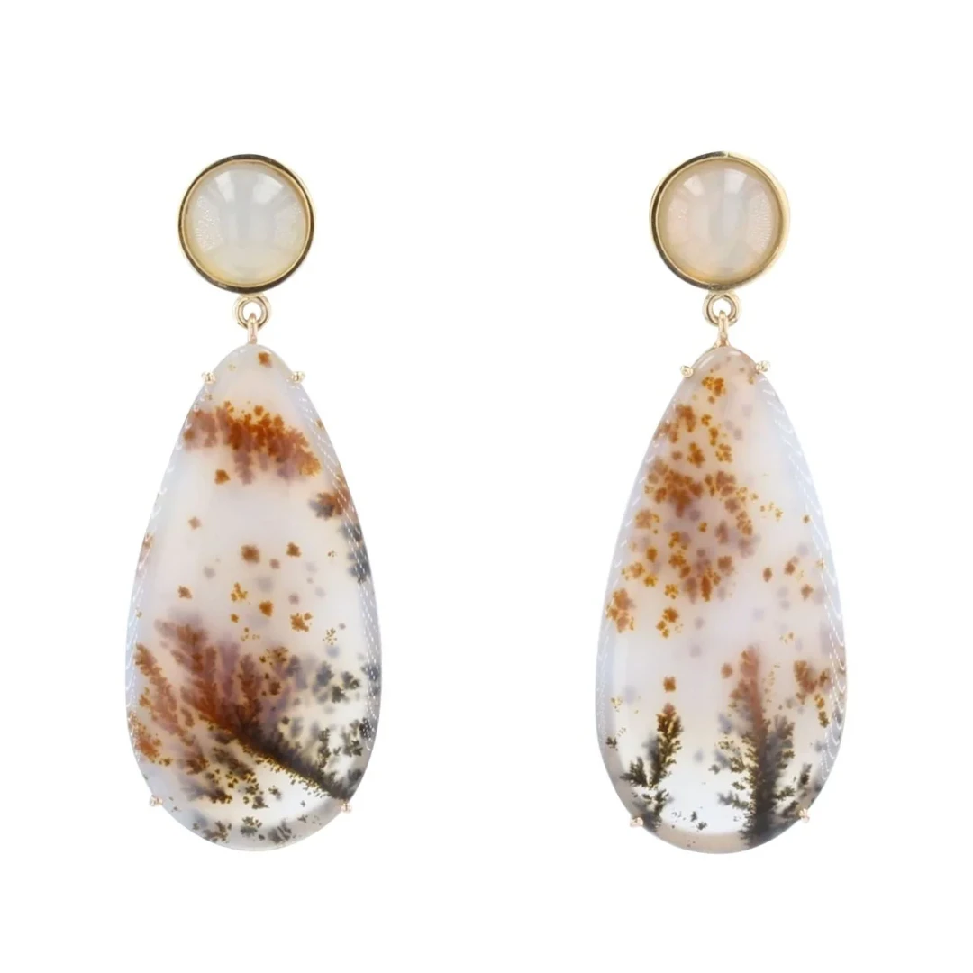 Boucles d'oreilles Pendantes en or jaune, pierres de lune et agate