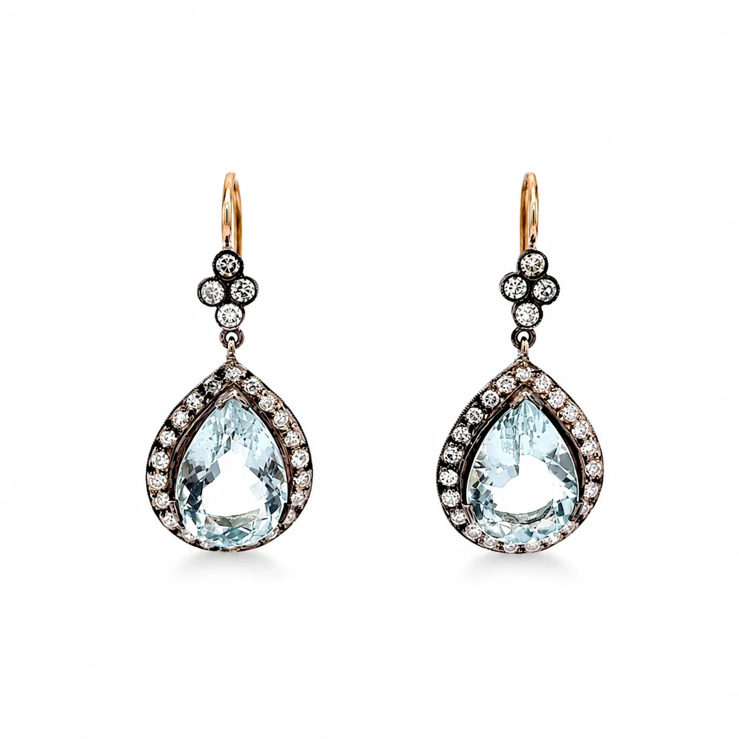 Boucles d'oreilles Pendantes en or jaune, argent, aigues-marines et diamants