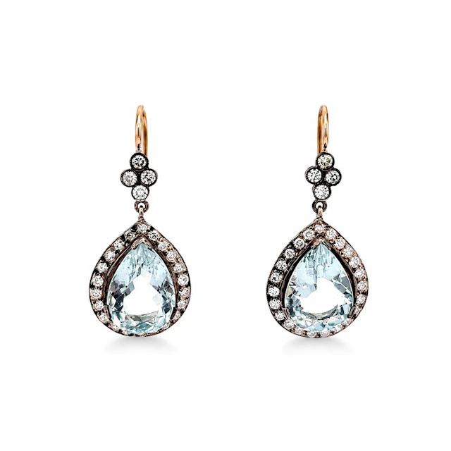 Boucles d'oreilles Pendantes en or jaune, argent, aigues-marines et diamants