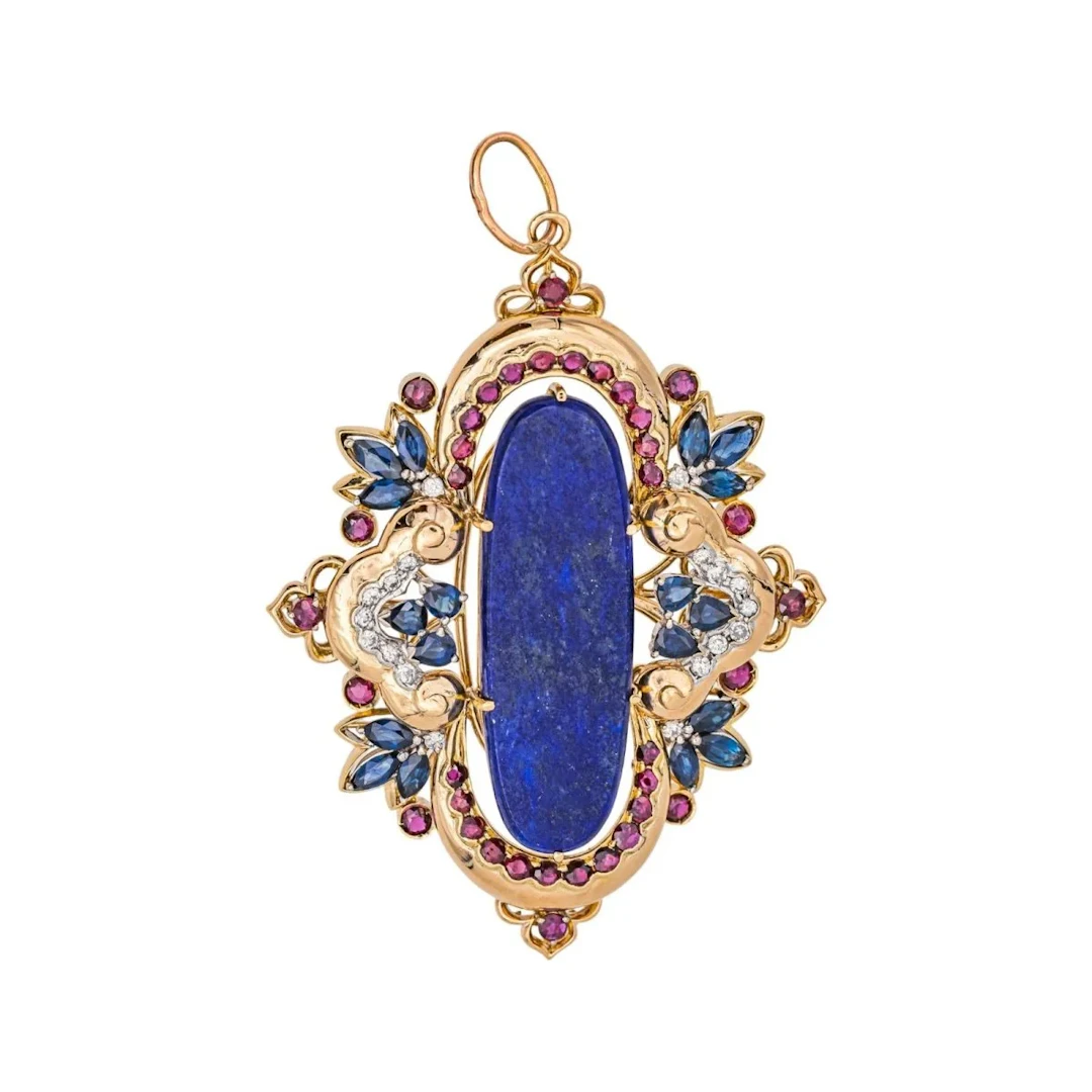 Pendant in yellow gold, lapis lazuli, rubies, sapphires and diamonds