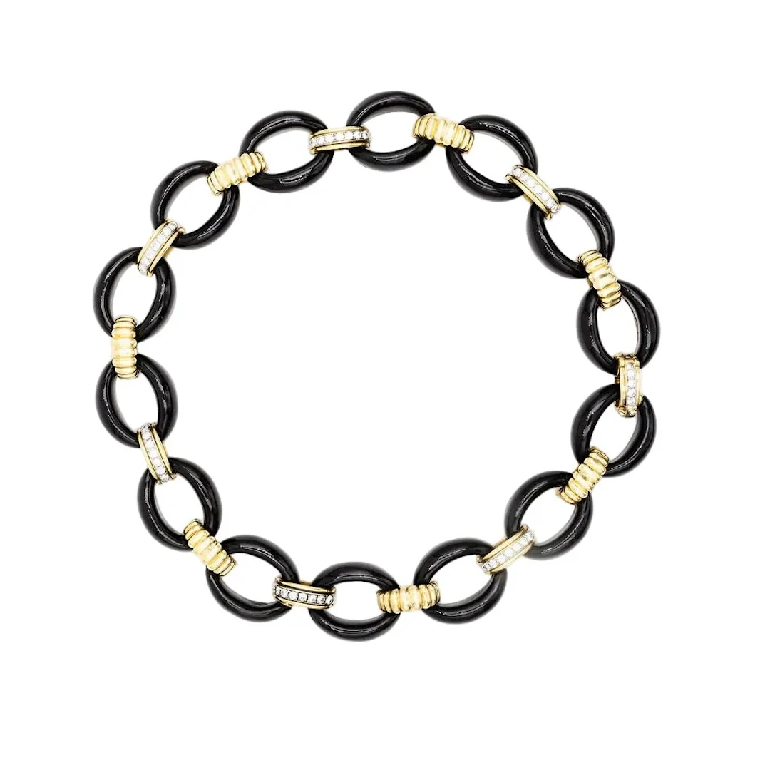 Necklace Maille forçat in yellow gold, onyx and diamonds
