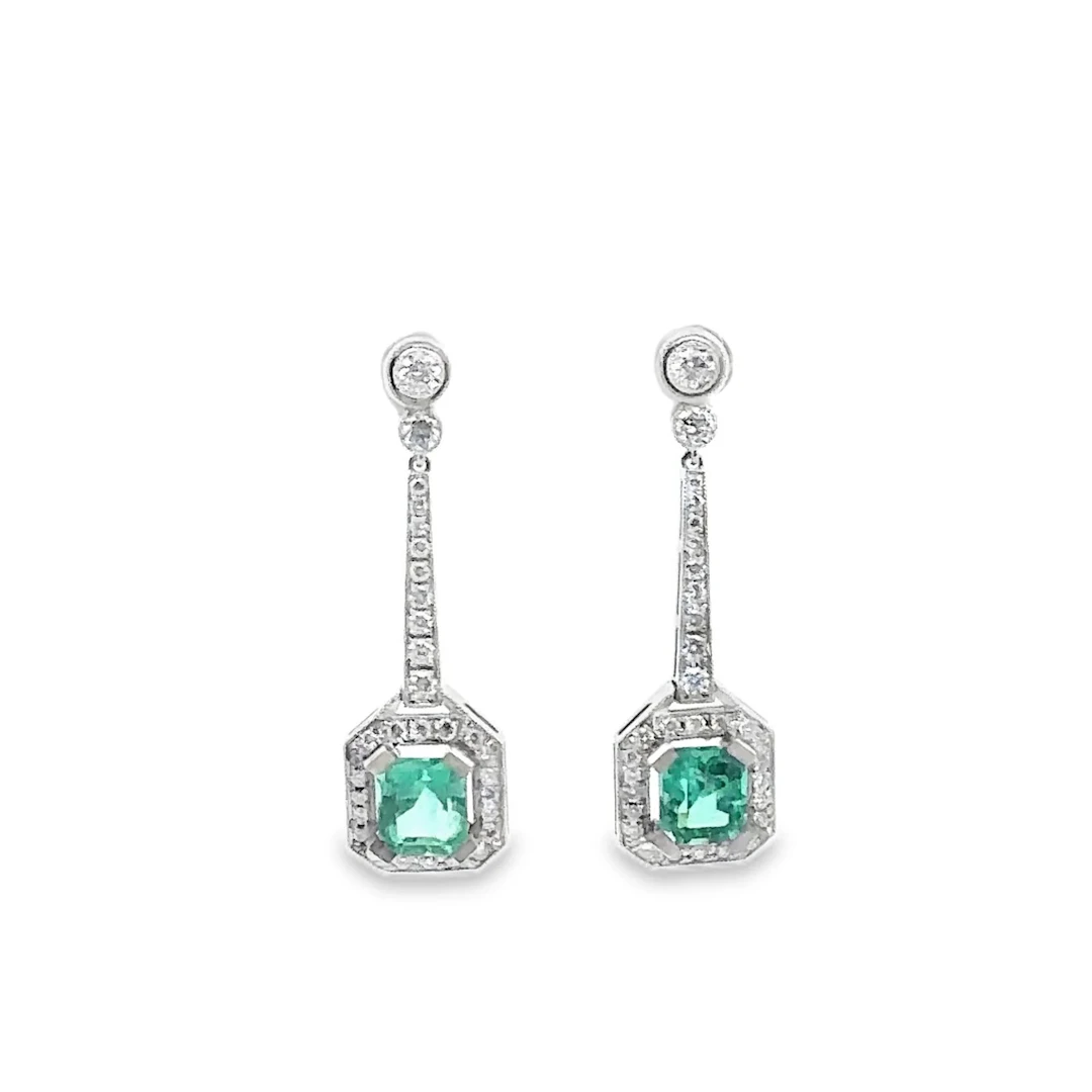 White Gold Dangle Earrings with Emeralds and Diamonds