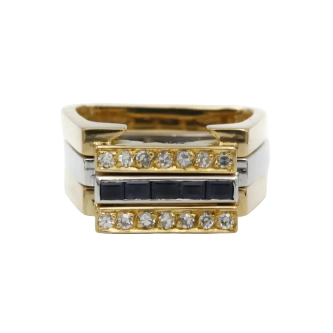 J.VENDOME Tank Rings in white gold, yellow gold, sapphires, and diamonds