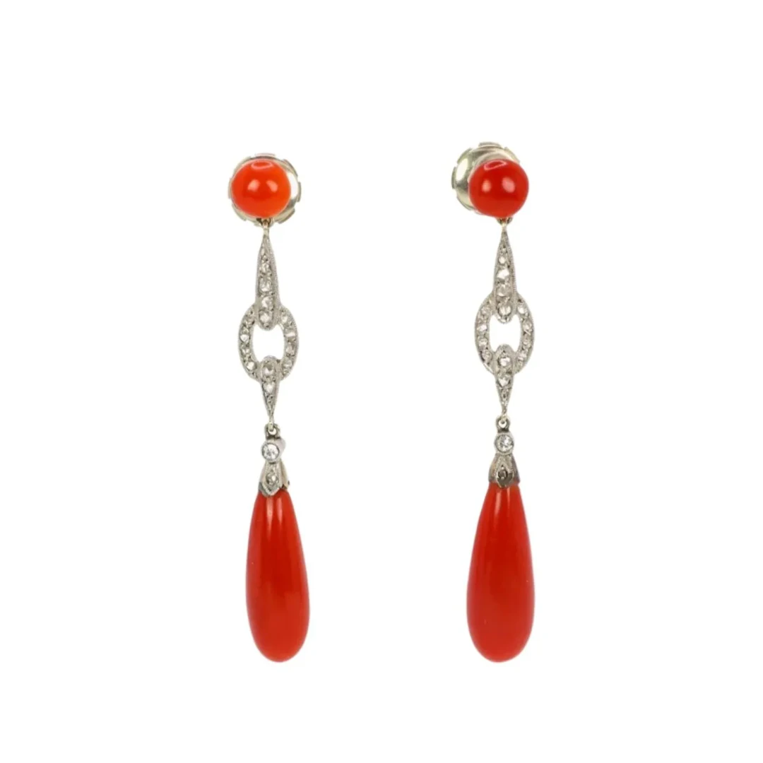 Art Deco drop earrings with red coral and rose-cut diamonds