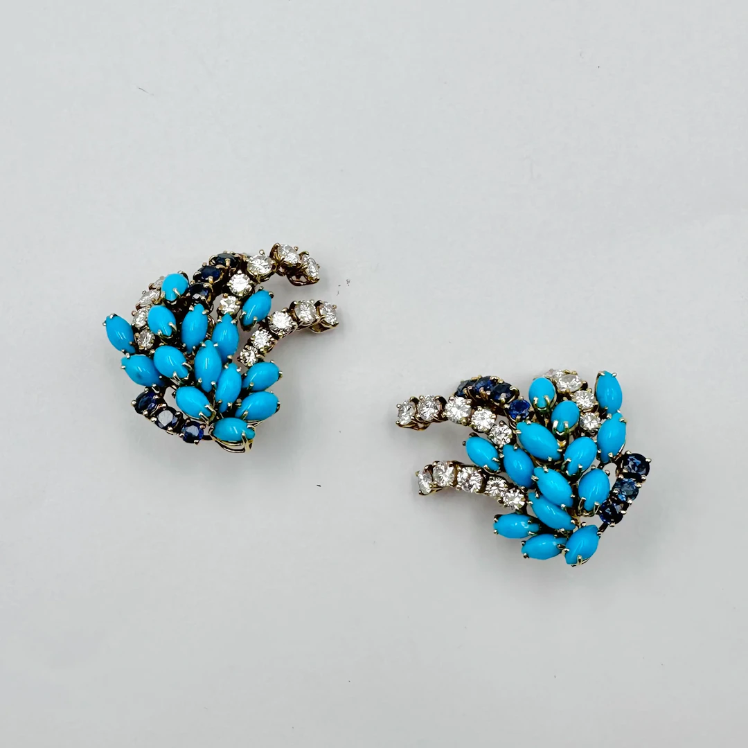 BOUCHERON Yellow Gold Clip-On Earrings with Turquoises, Sapphires, and Diamonds